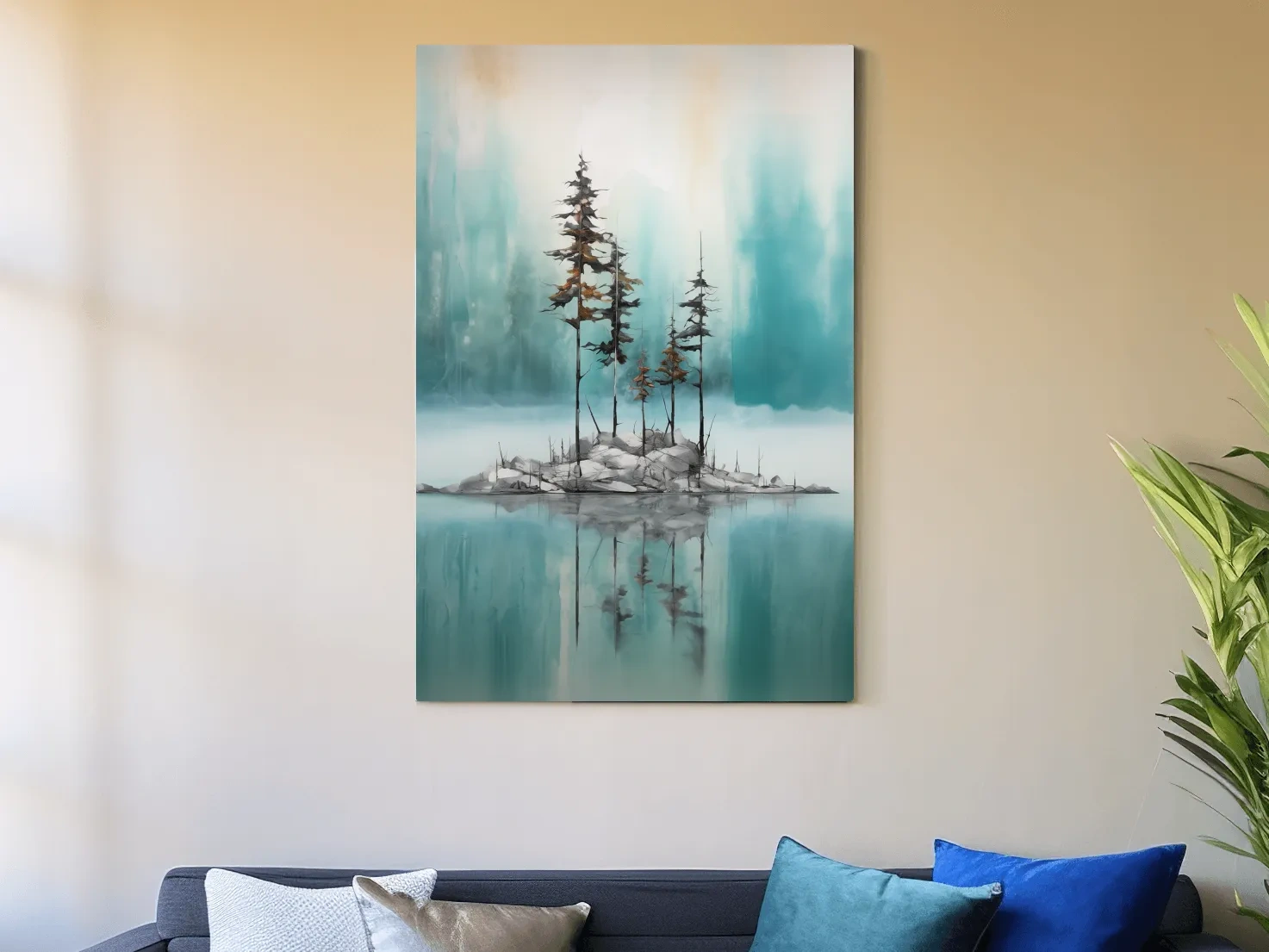 Misty Pine Trees Reflection - Watercolor Turquoise Alpine Lake Wall Art