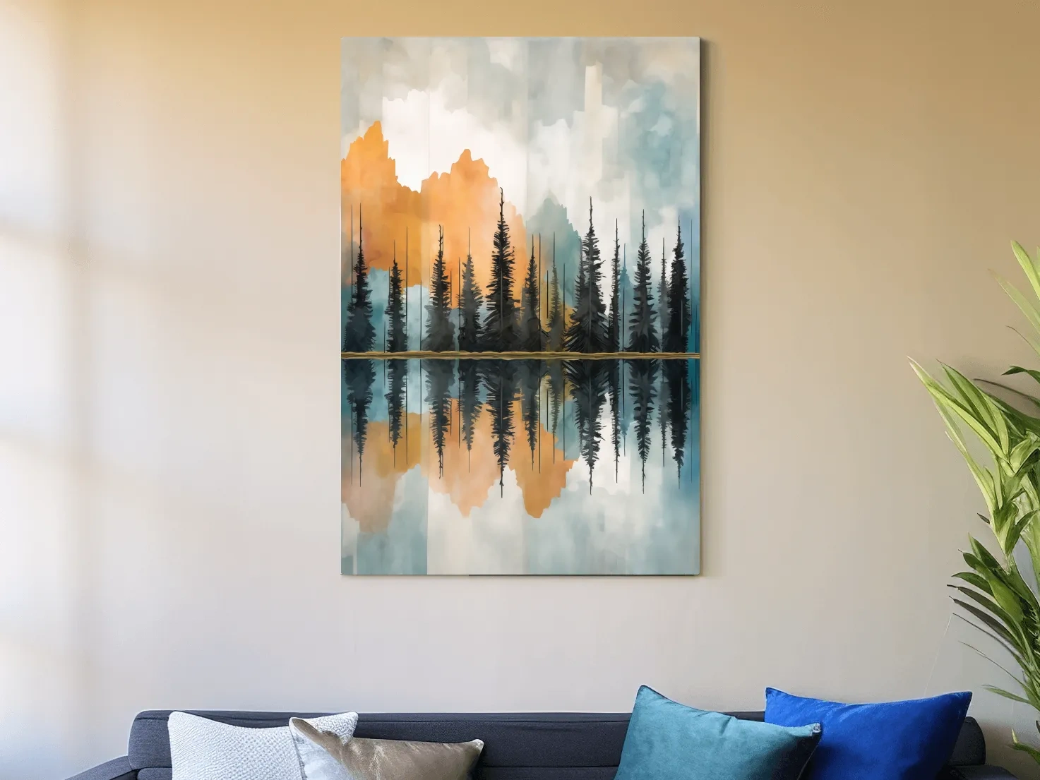 Abstract Watercolor Mountain Lake Reflection - Alpine Forest Landscape Artwork