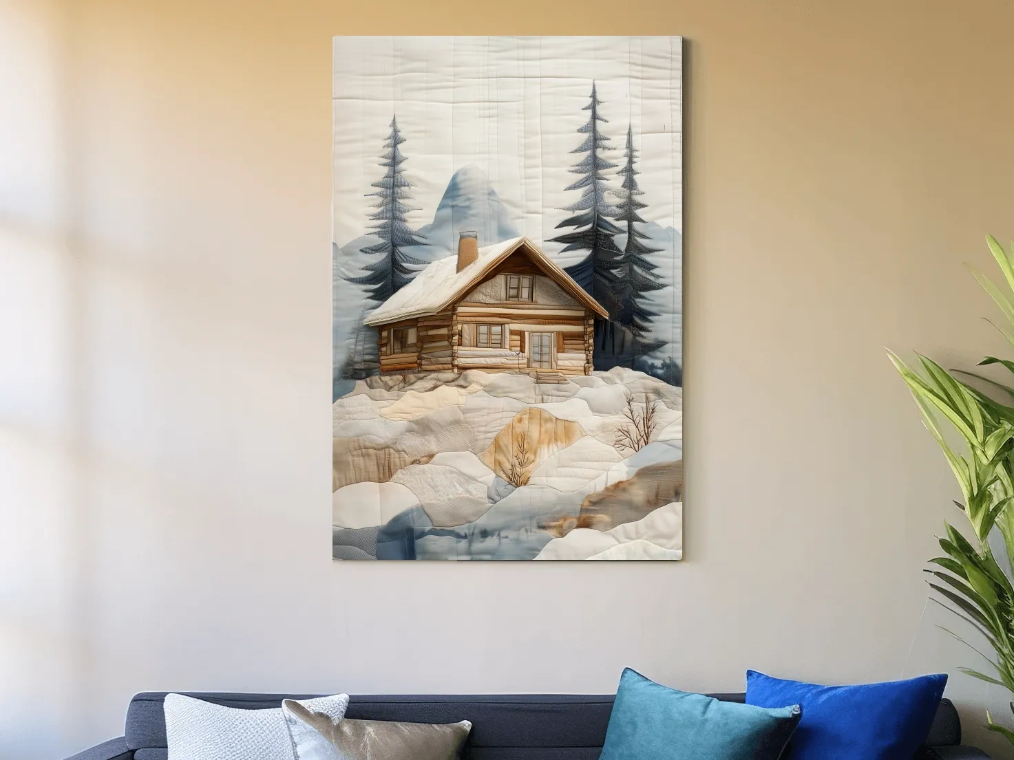 Rustic Winter Cabin In Snowy Pines - Textured Patchwork Fabric Effect Wall Art