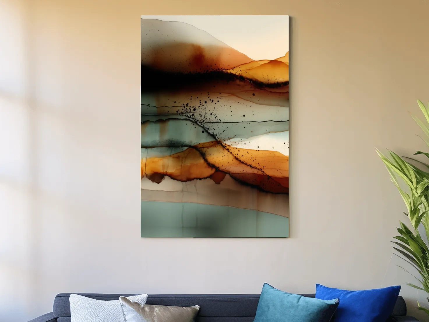 Earth Tone Ink Wash Mountain Landscape - Abstract Modern Wall Art