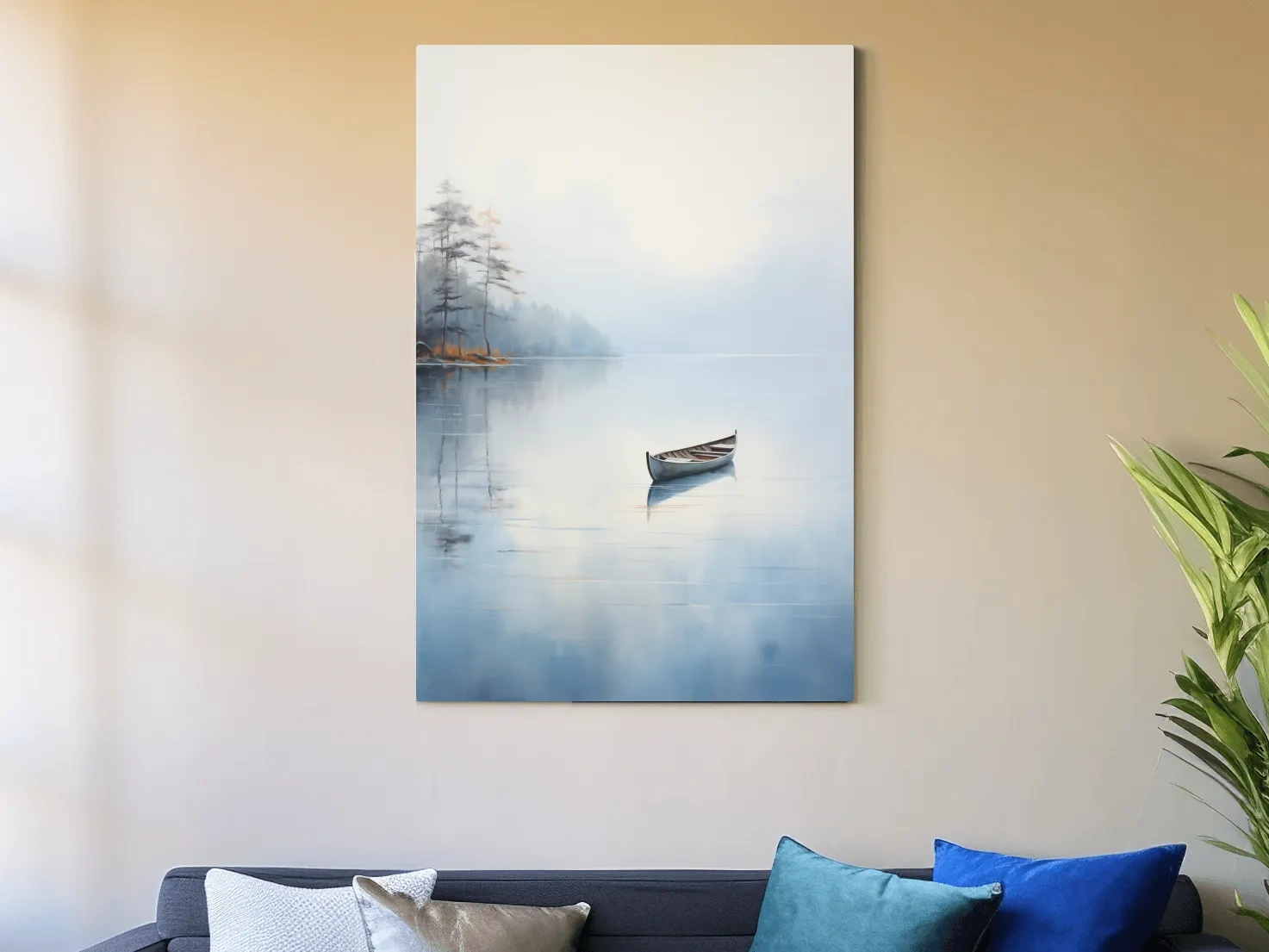 Misty Lake Canoe Reflection Painting - Serene Minimalist Waterscape Wall Art