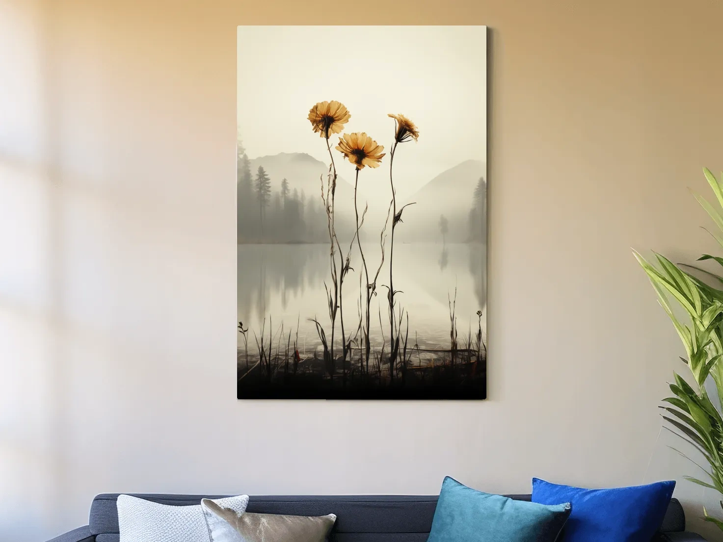 Wildflower Misty Lake Landscape - Minimalist Botanical Wall Art