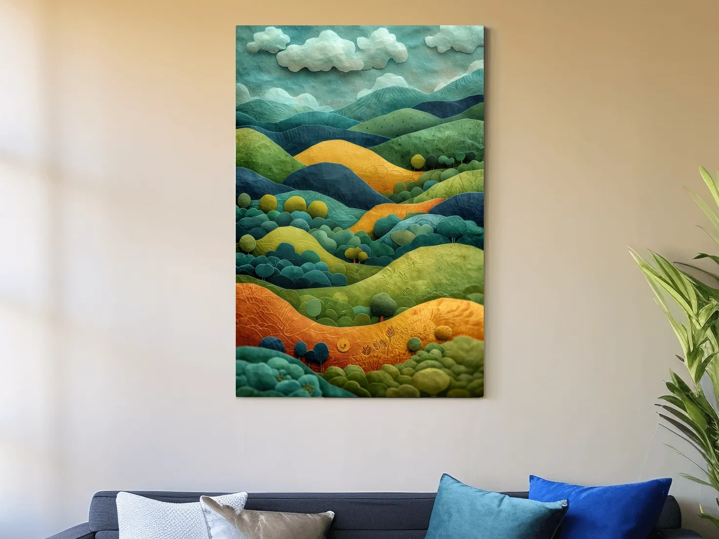 3D Layered Paper Cut Style Mountain Artwork - Whimsical Surreal Landscape Wall Art