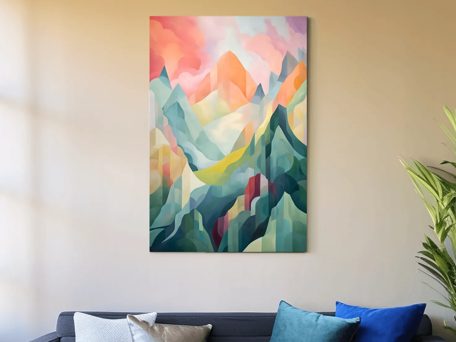 Vibrant Abstract Pastel Mountain Sunset - Geometric Watercolor Style Wall Art