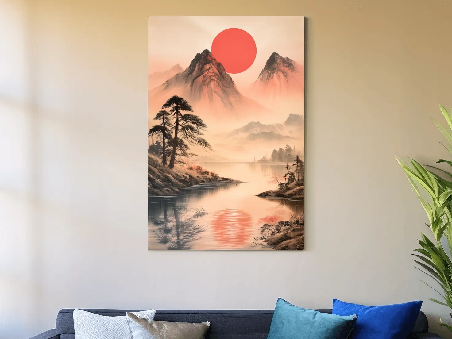 Zen Misty Mountain Lake Sunrise - Japanese Ink Wash Wall Art
