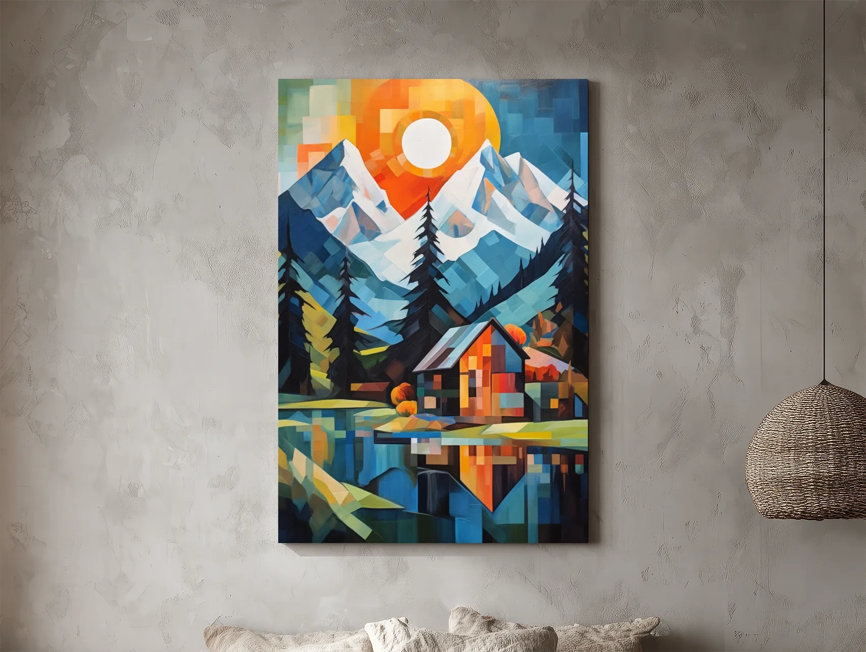 Geometric Alpine Cabin Lake Sunset - Vibrant Impressionist Mountain Wall Art