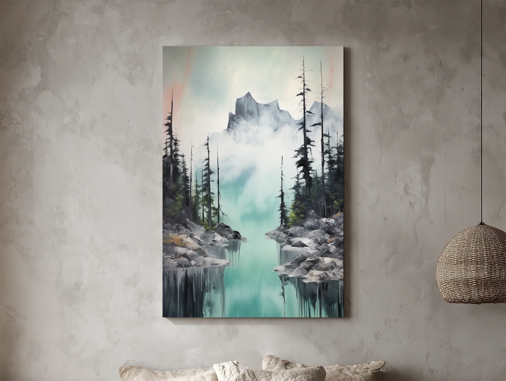 Misty Turquoise Alpine Lake Reflection - Watercolor Mountain Forest Wall Art