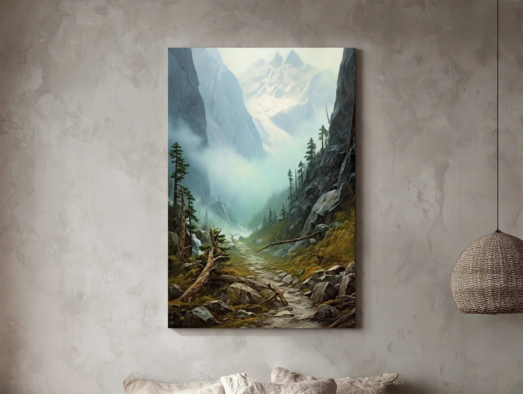 Misty Alpine Mountain Valley Painting - Foggy Pine Forest Wall Art
