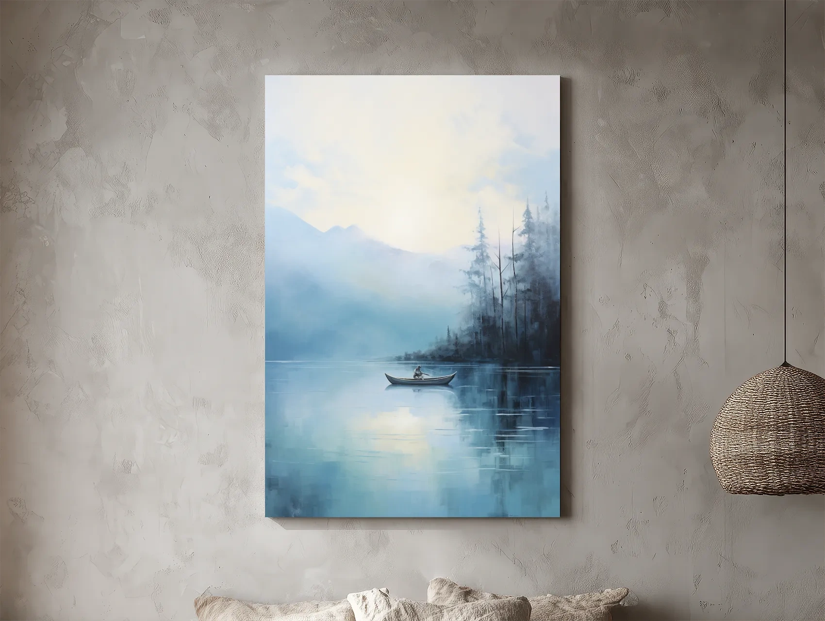 Misty Turquoise Mountain Lake Canoe Painting - Serene Forest Landscape Wall Art