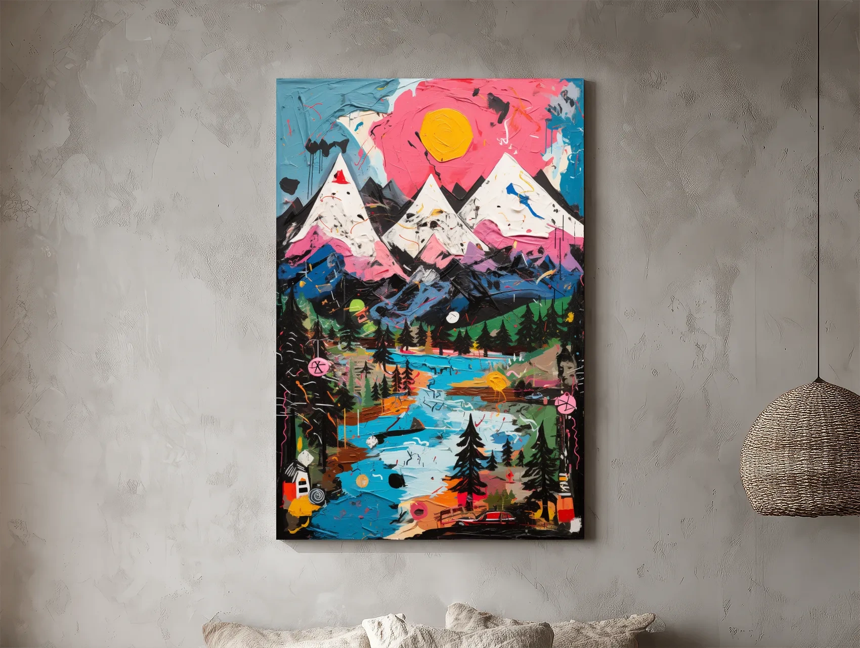 Vibrant Abstract Mountain Lake Sunset Painting - Colorful Modern Landscape Wall Art