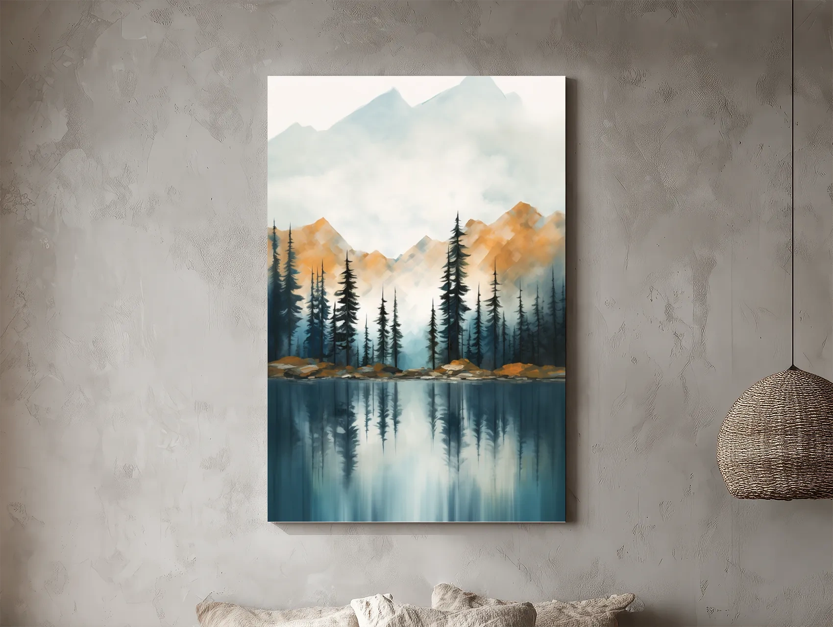 Misty Watercolor Mountain Lake Reflection - Serene Pine Forest Landscape Wall Art