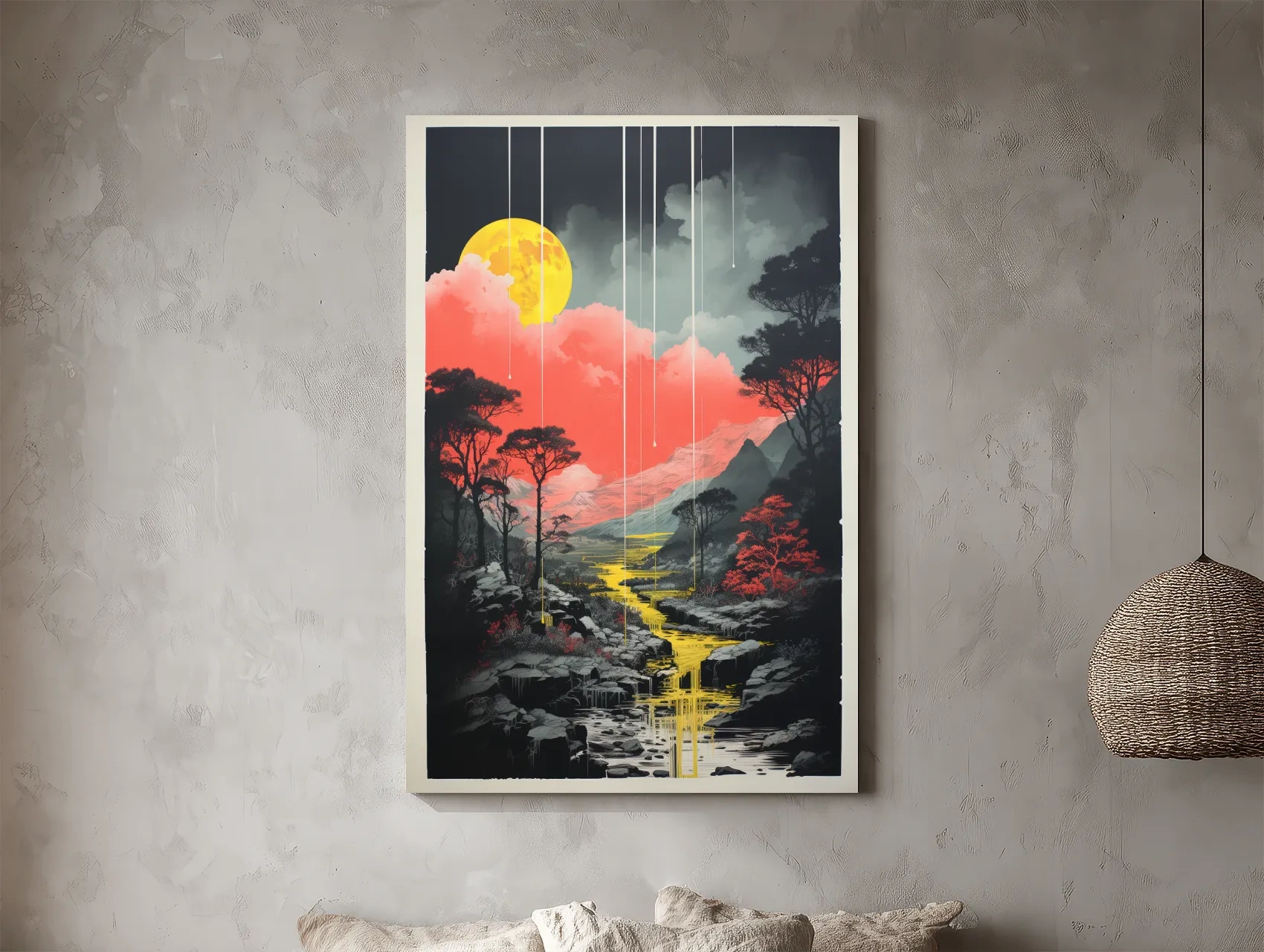 Surreal Moonlit Mountain River Landscape - Fantasy Nature Wall Art