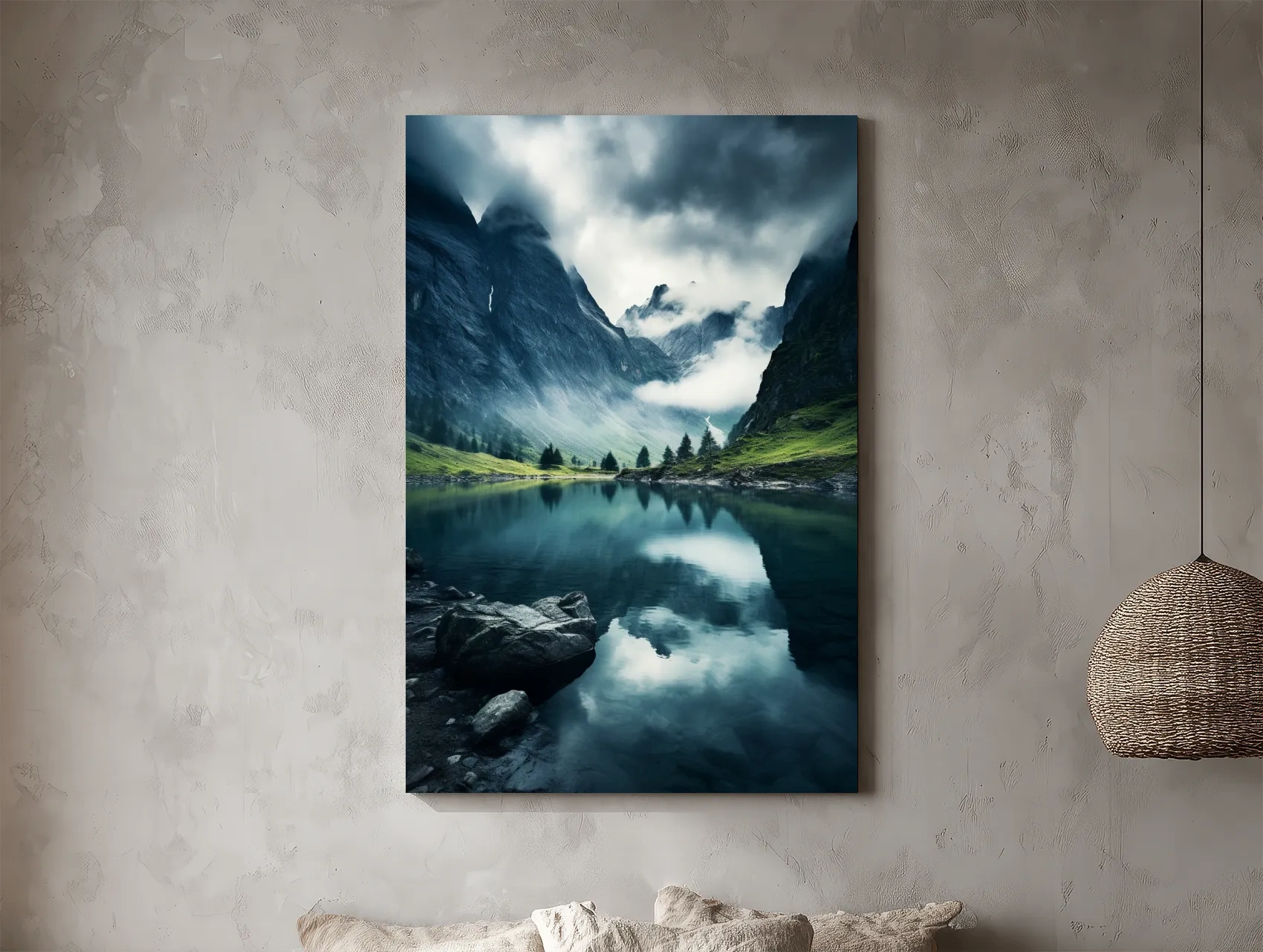 Moody Misty Alpine Lake Reflection - Dramatic Photographic Mountain Wall Art