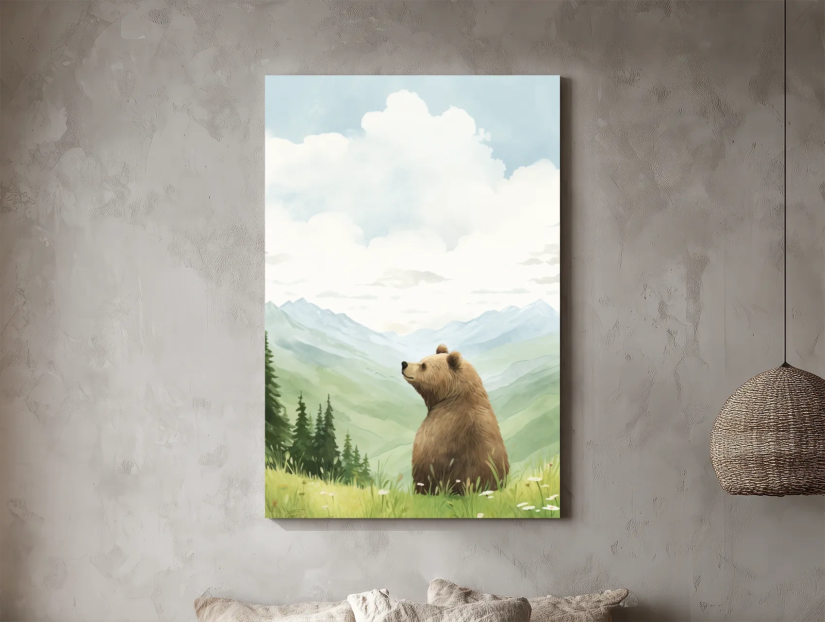 Whimsical Watercolor Bear In Mountain Meadow - Serene Nursery Wildlife Art