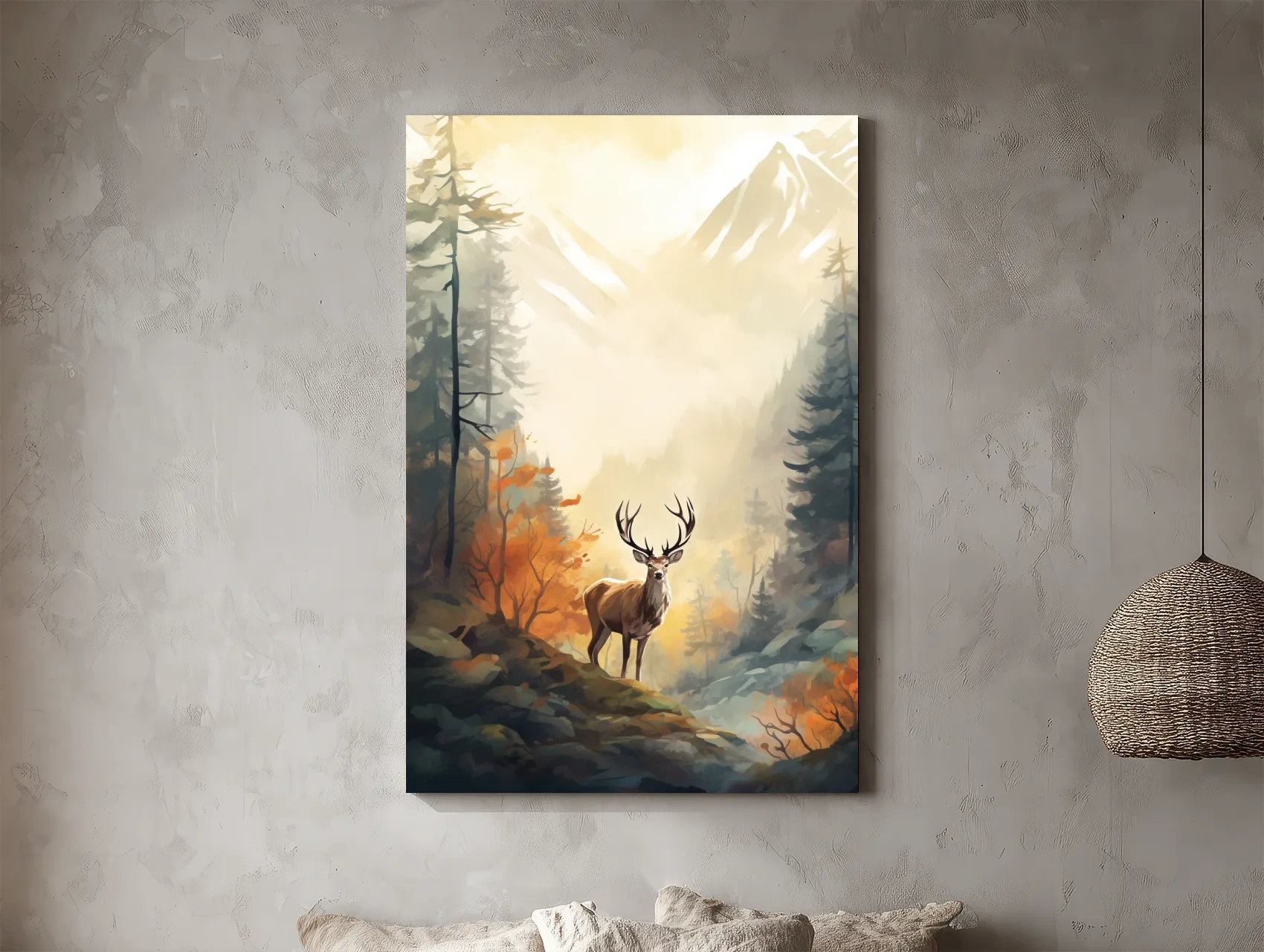 Majestic Stag In Misty Mountain Forest - Autumn Watercolor Wildlife Wall Art