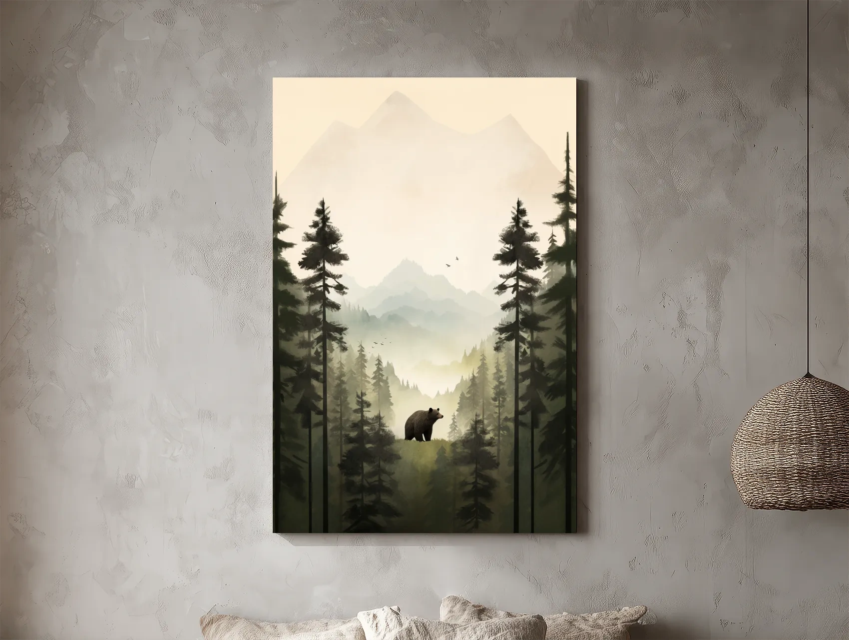 Misty Pine Forest Bear Illustration - Minimalist Wildlife Wall Art