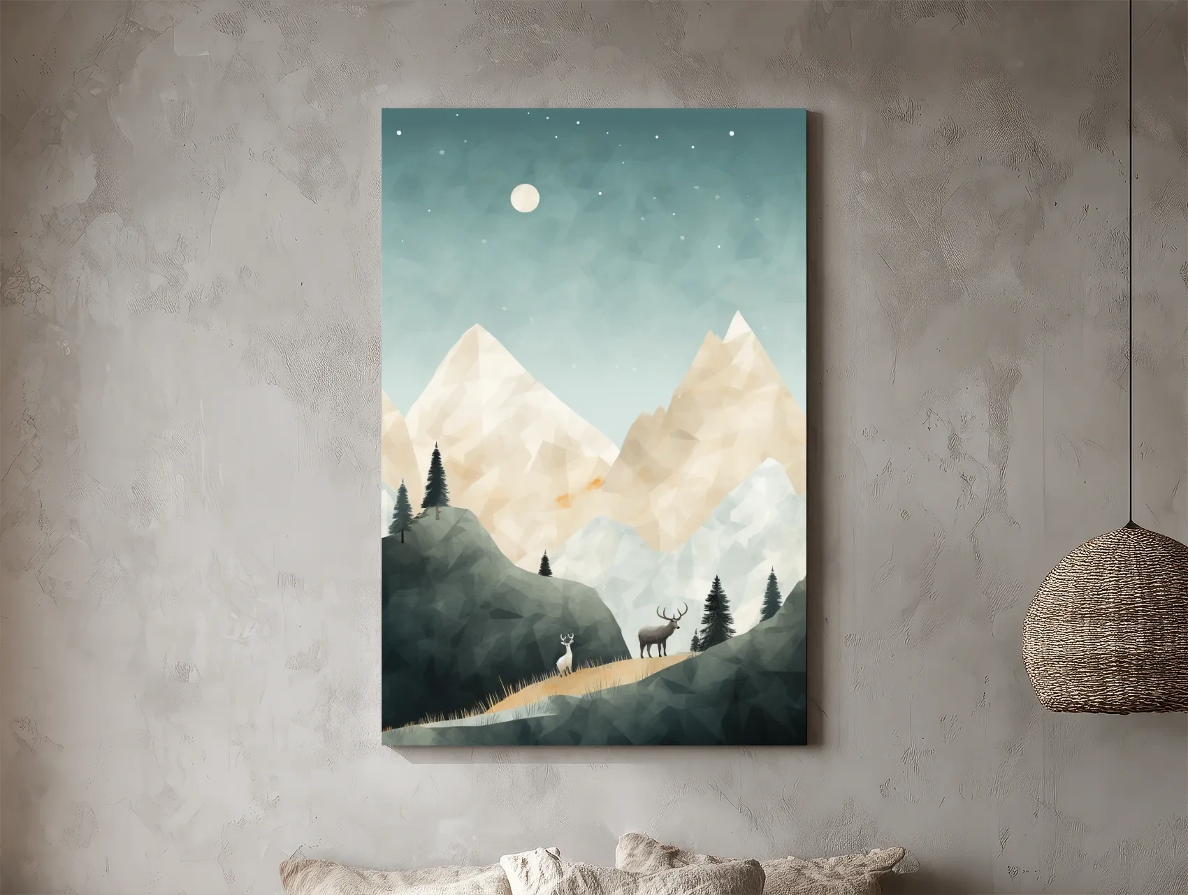 Mountain Deer Landscape Illustration - Minimalist Alpine Forest Wildlife Wall Art