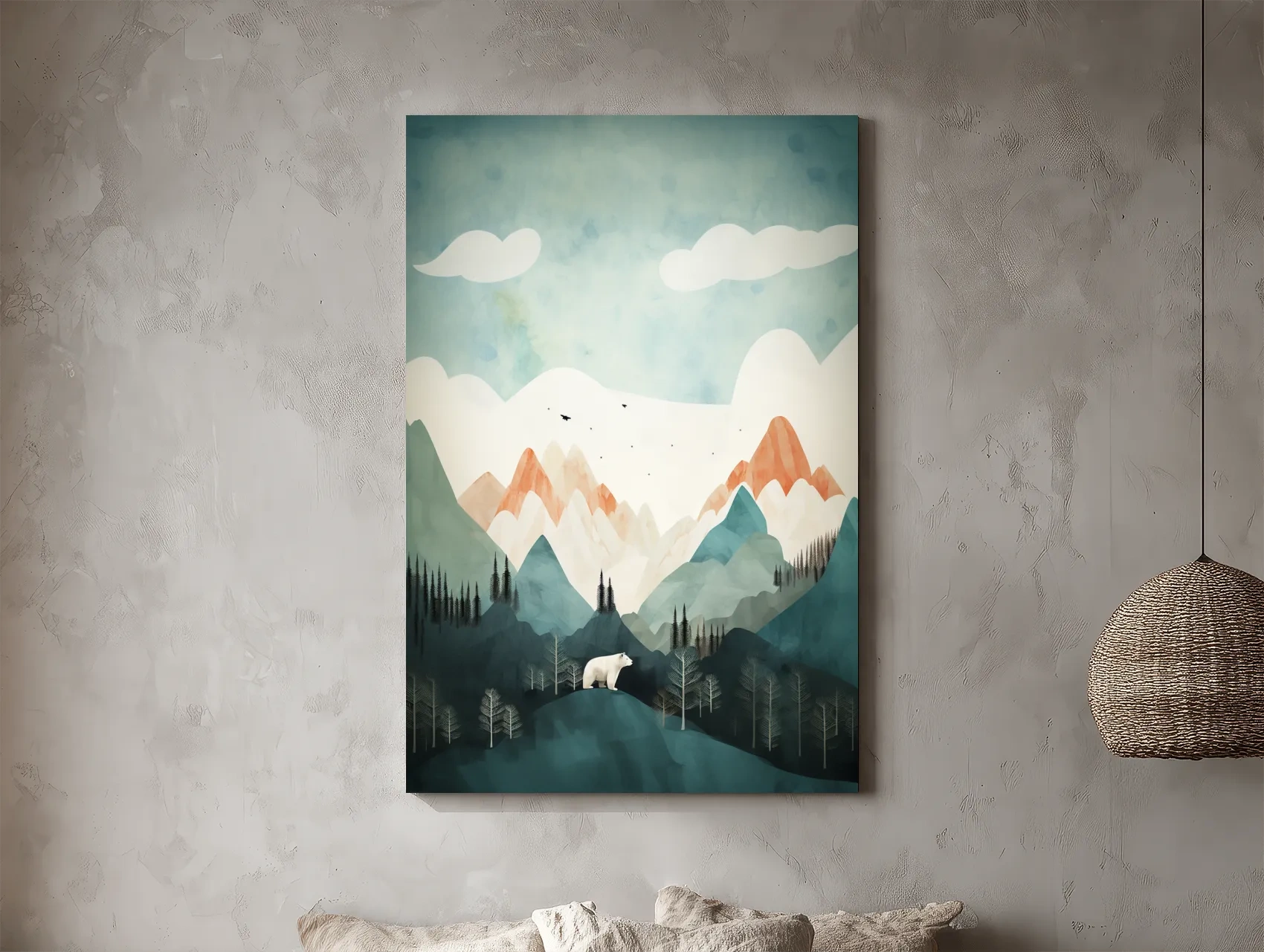 Whimsical Bear Alpine Mountain Landscape - Childrens Nursery Wall Art