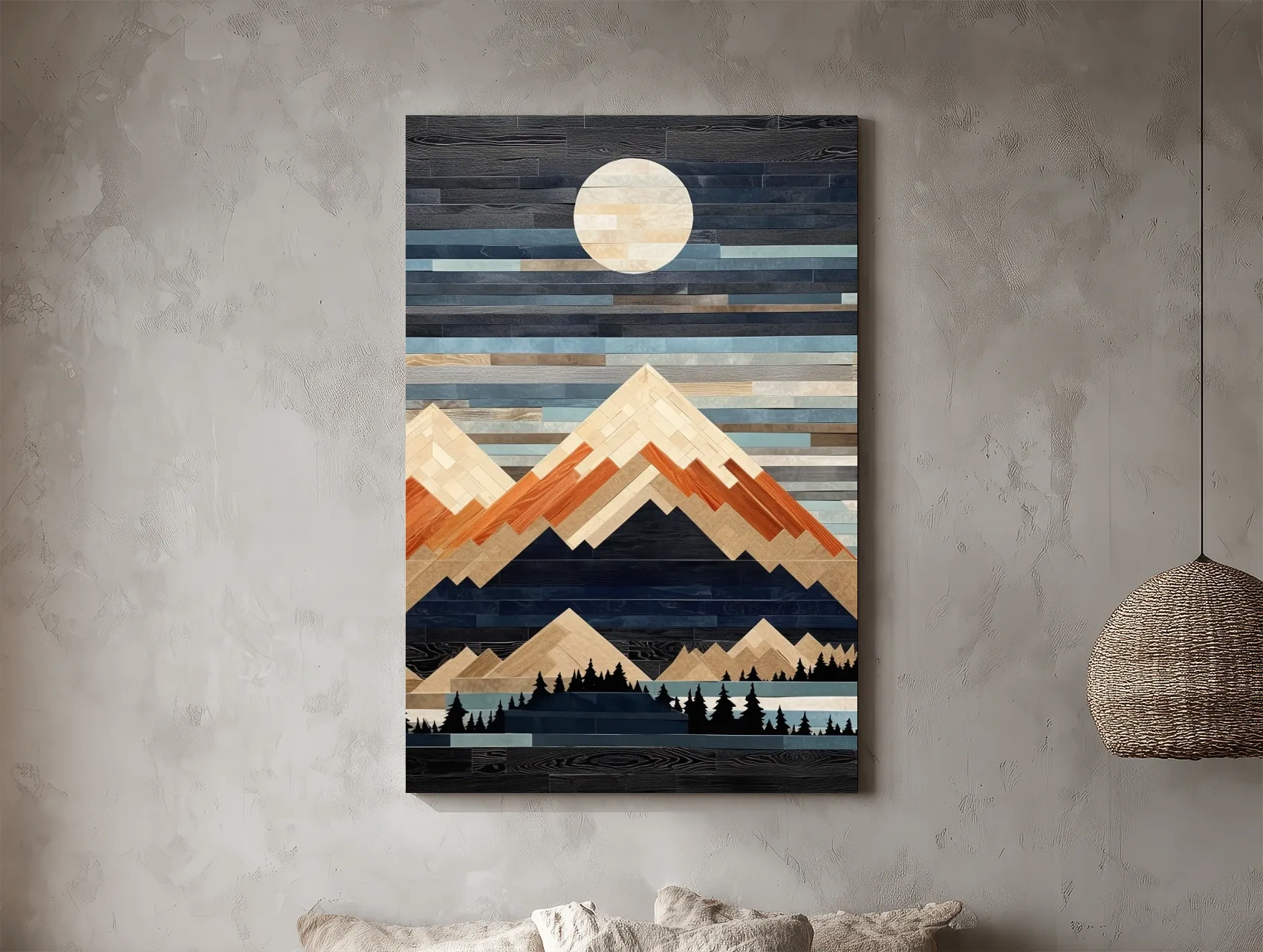 Geometric Wood Mosaic Mountain Range Under Full Moon - Modern Rustic Landscape Wall Art