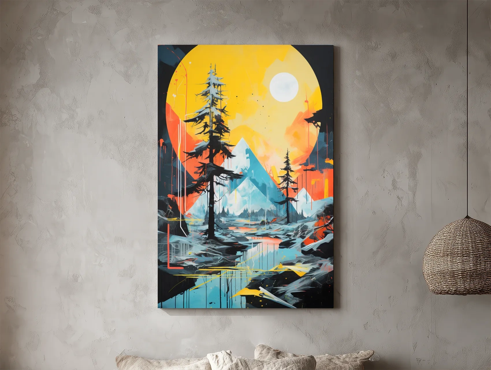 Vibrant Abstract Mountain Lake Sunset Painting - Modern Geometric Pine Forest Wall Art