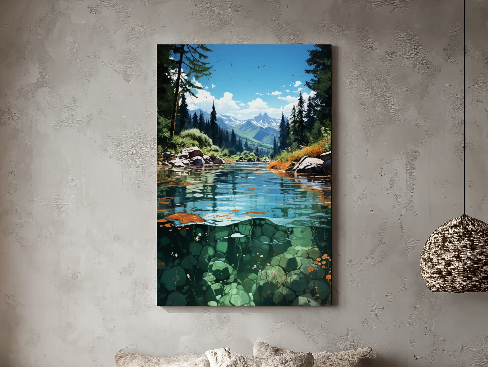 Crystal Clear Alpine River Landscape Illustration - Vibrant Mountain Forest Artwork