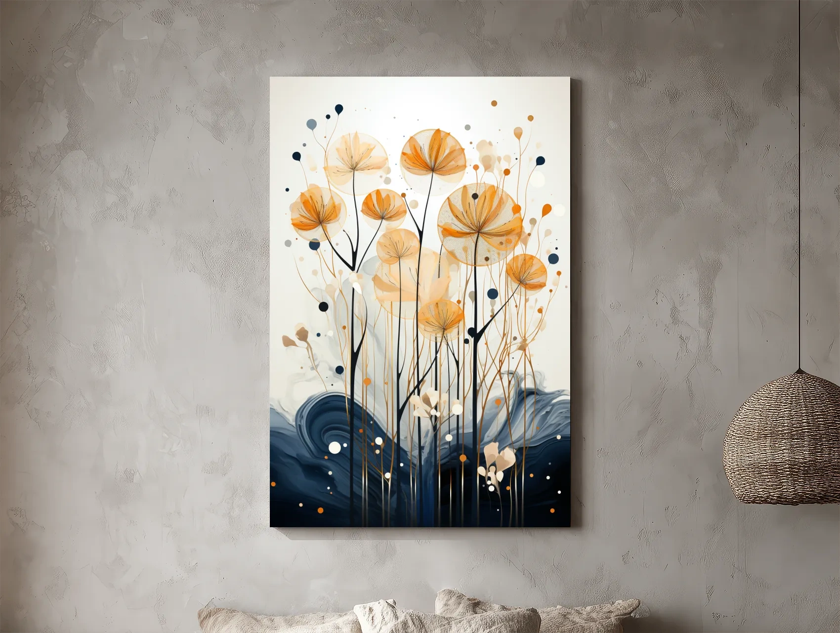 Abstract Golden Wildflower Ink Wash - Botanical Boho Wall Art