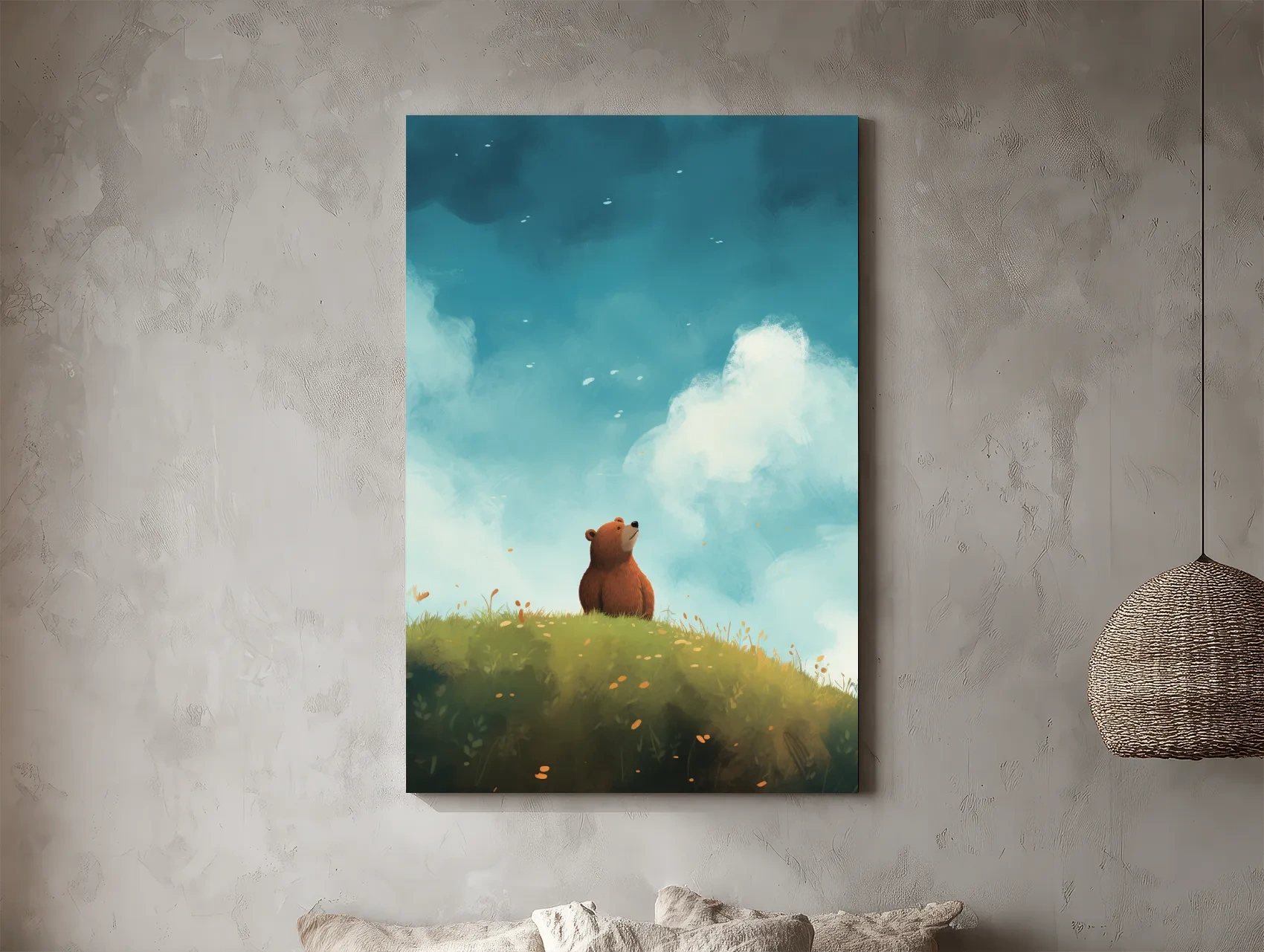 Whimsical Bear Cub Meadow Illustration - Cute Woodland Nursery Wall Art
