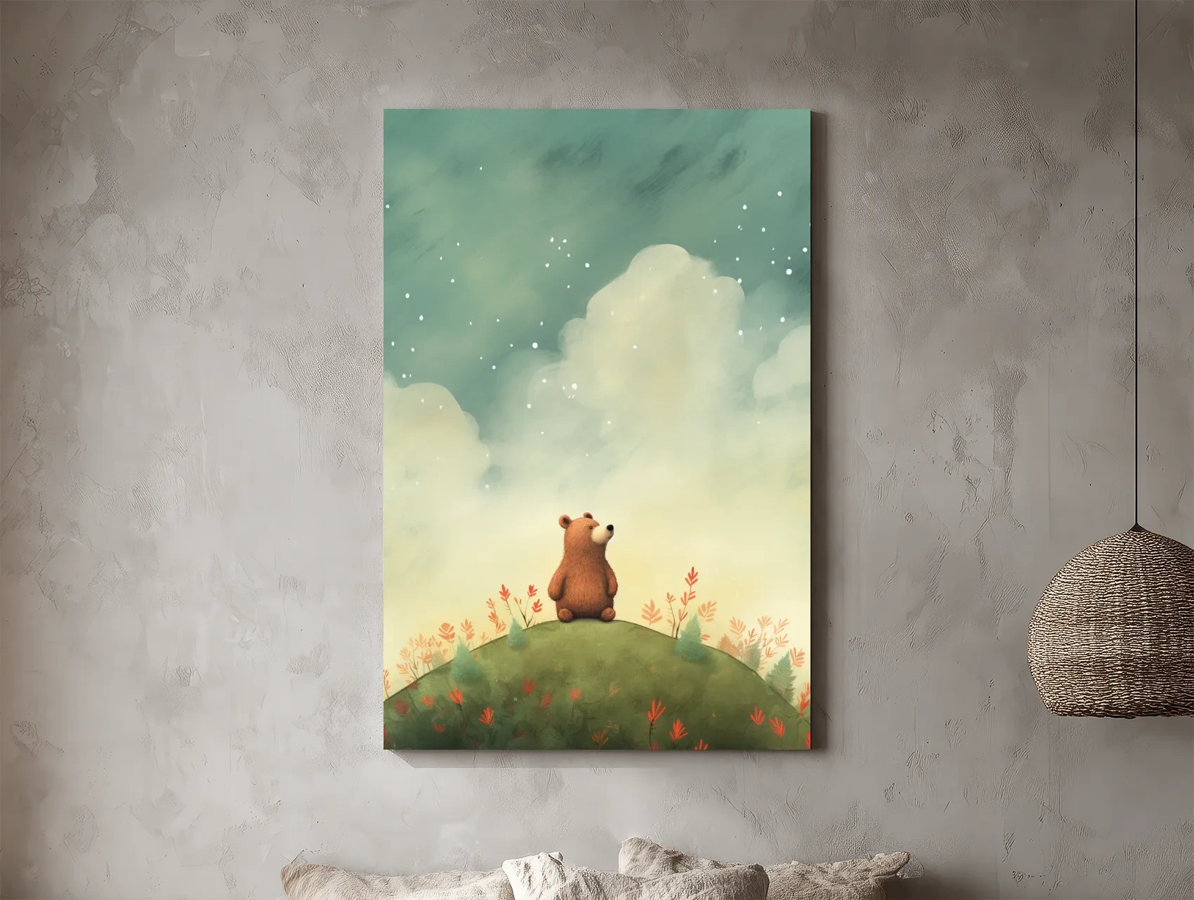 Whimsical Bear Cub Under Starry Sky - Nursery Watercolor Illustration Wall Art
