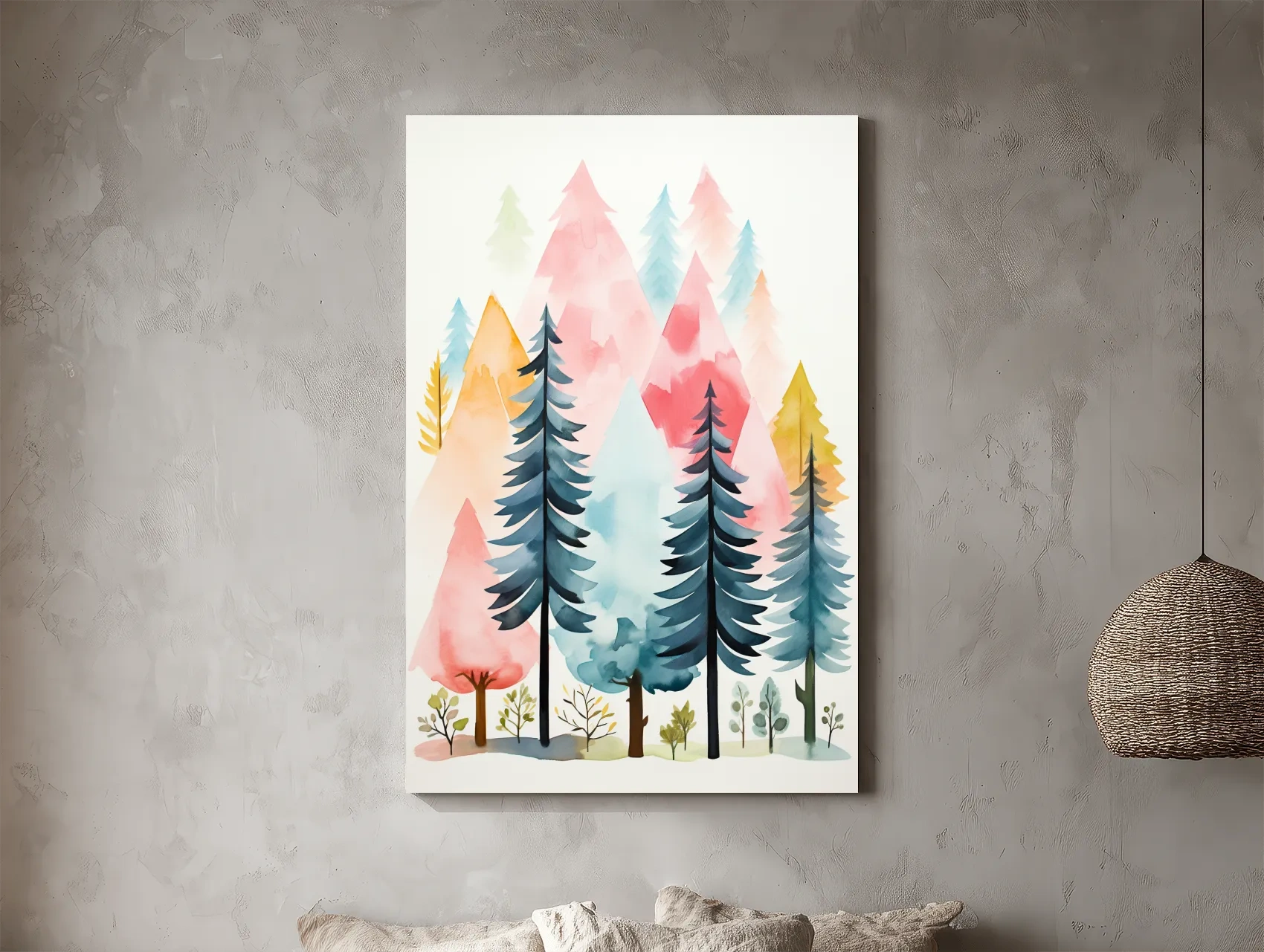 Pastel Watercolor Pine Forest - Colorful Scandinavian Nature Wall Art