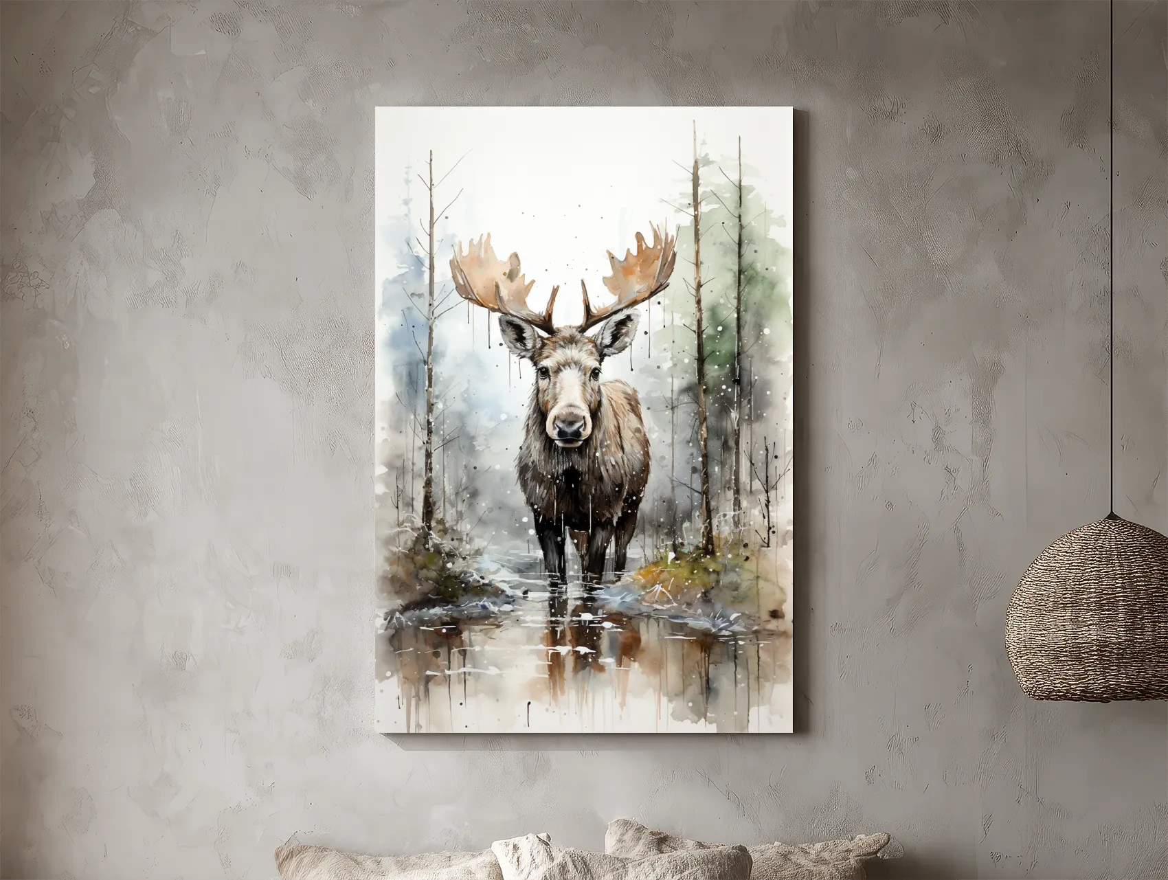 Watercolor Moose In Misty Forest - Rustic Woodland Wildlife Painting Wall Art