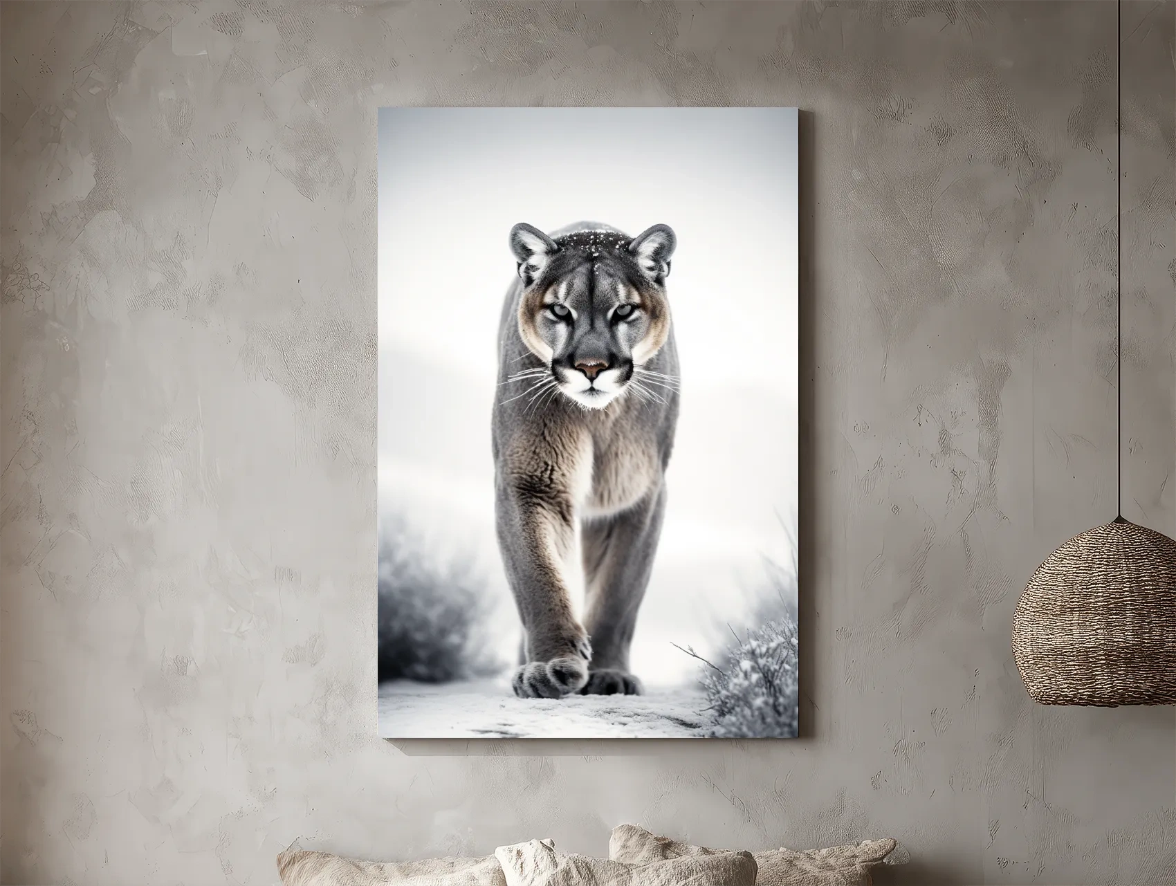 Snowy Cougar Close Up Wildlife Portrait - Winter Nature Wall Art