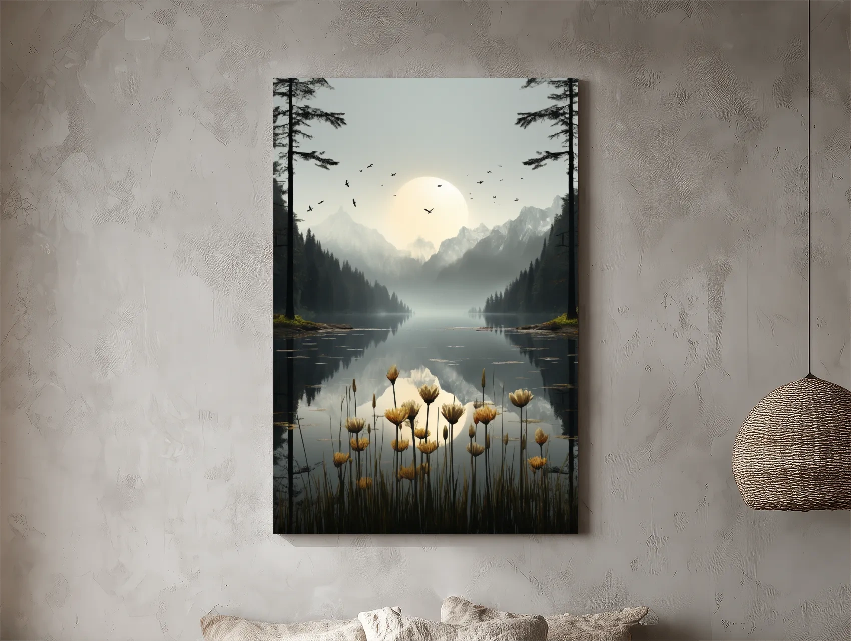 Misty Alpine Lake Sunrise With Wildflowers - Serene Mountain Landscape Wall Art