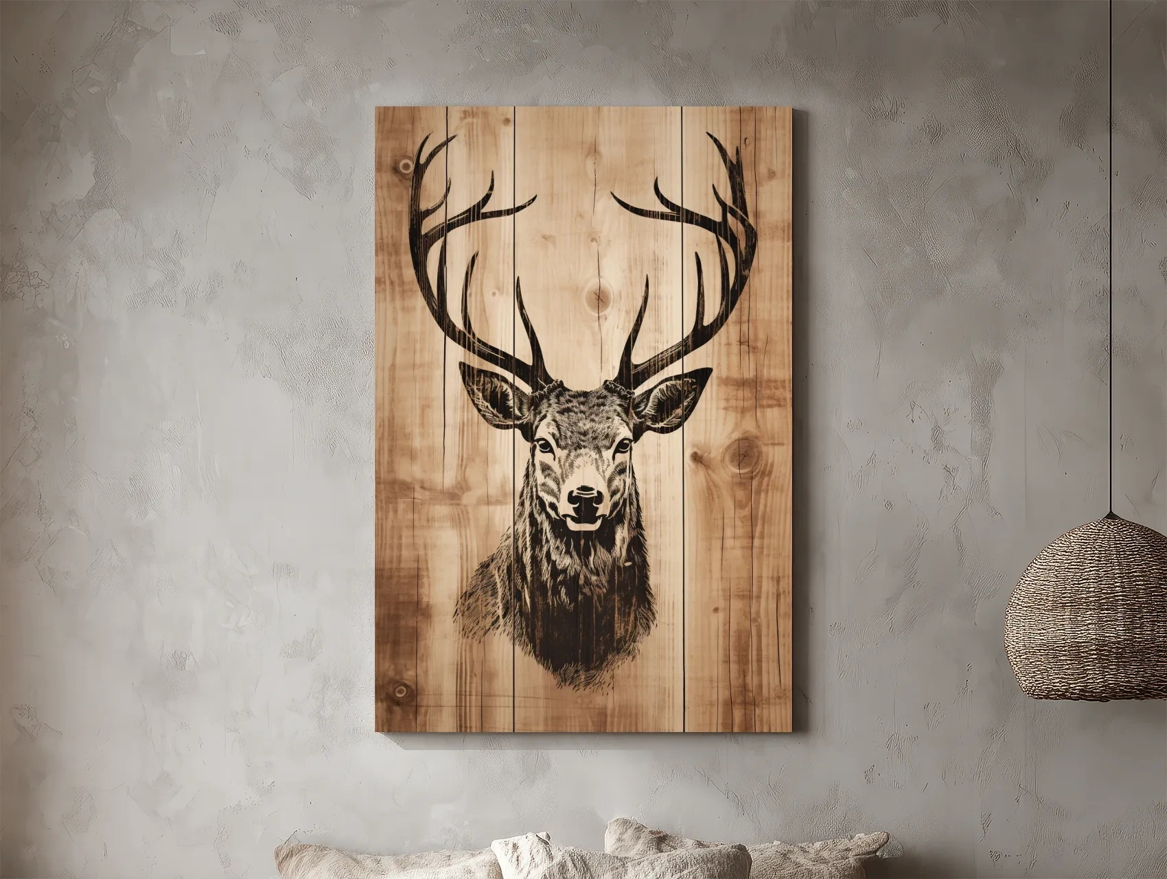 Rustic Deer Head Woodburn Style Portrait - Lodge Cabin Wildlife Wall Art