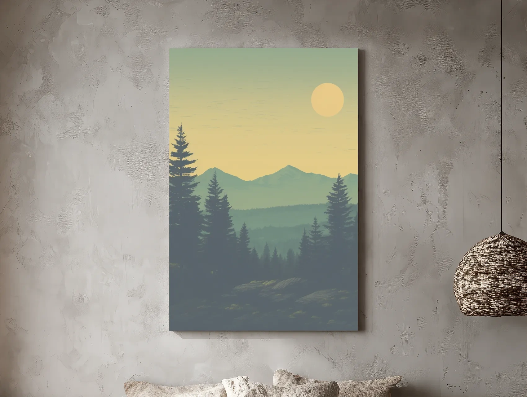 Minimalist Hazy Mountain Sunrise Landscape - Serene Alpine Forest Wall Art