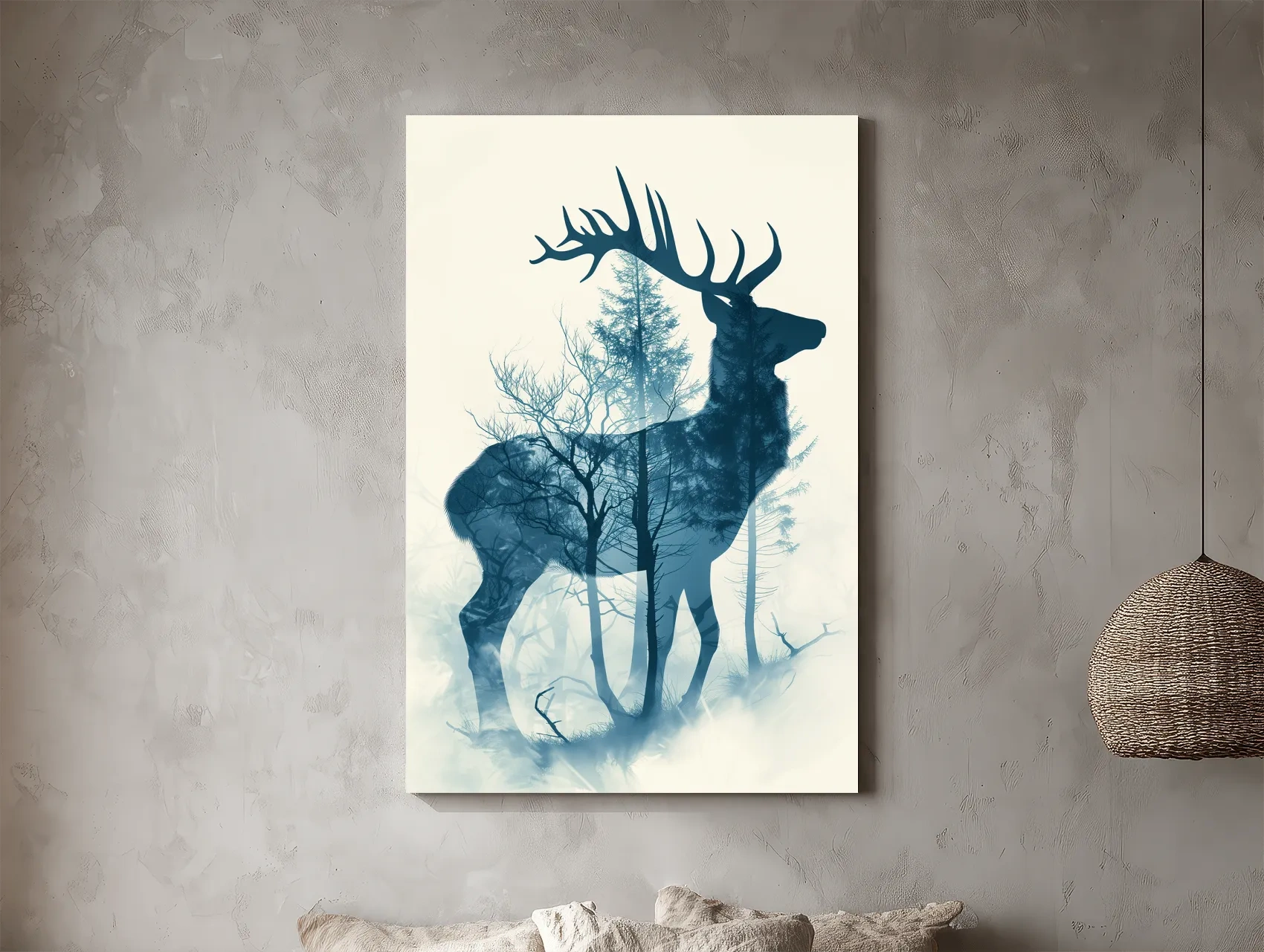 Moody Double Exposure Stag Silhouette - Misty Forest Wildlife Wall Art