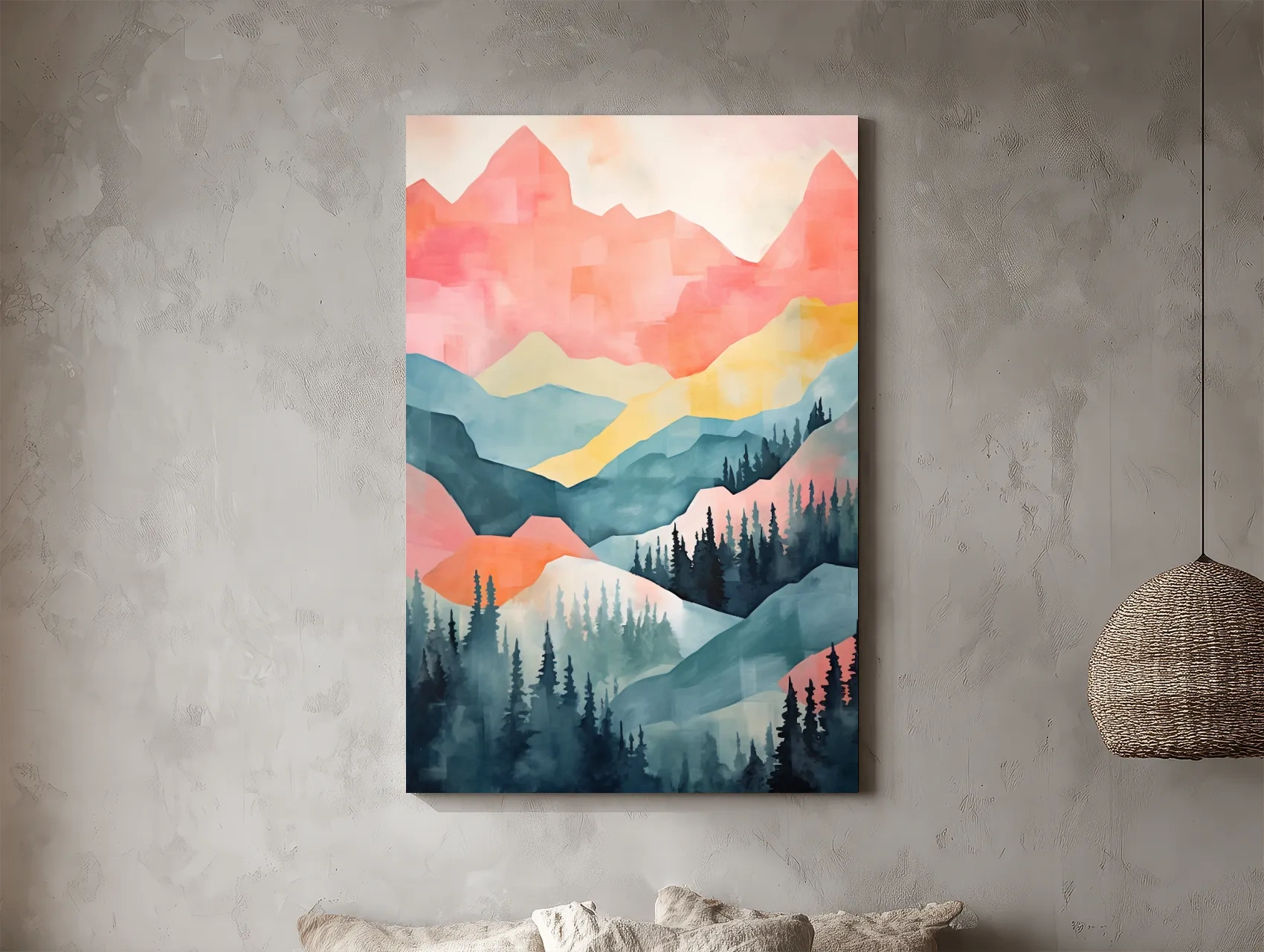 Abstract Watercolor Mountain Sunrise Landscape - Pastel Alpine Forest Wall Art