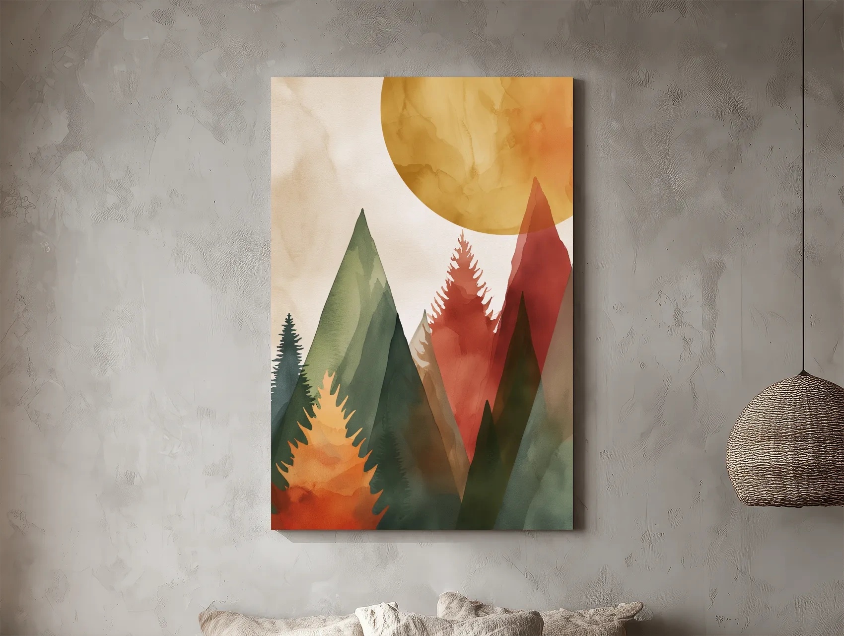 Rustic Watercolor Mountain Forest Sunrise - Modern Minimalist Wall Art