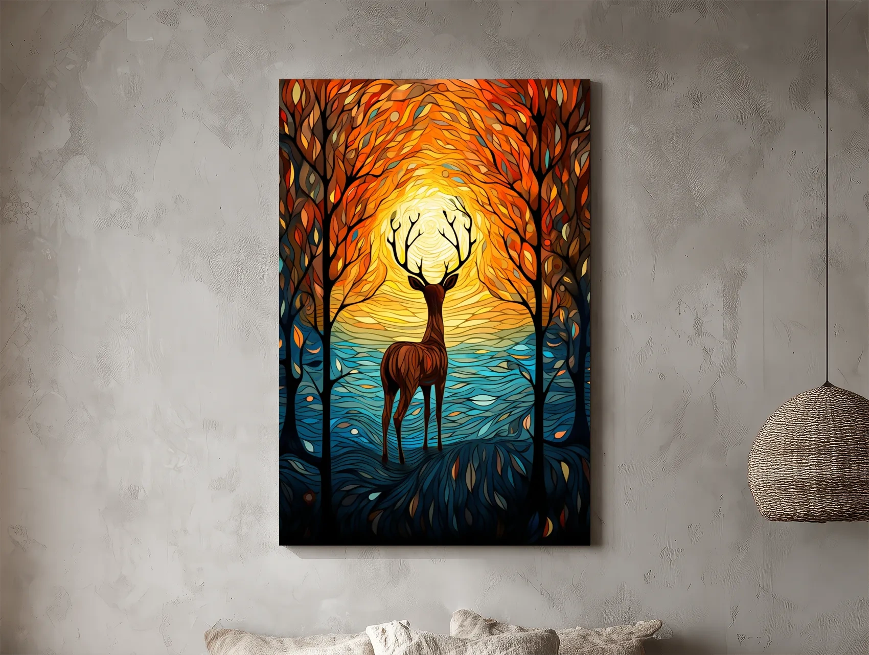 Glowing Autumn Forest Deer Silhouette - Vibrant Stained Glass Style Wall Art