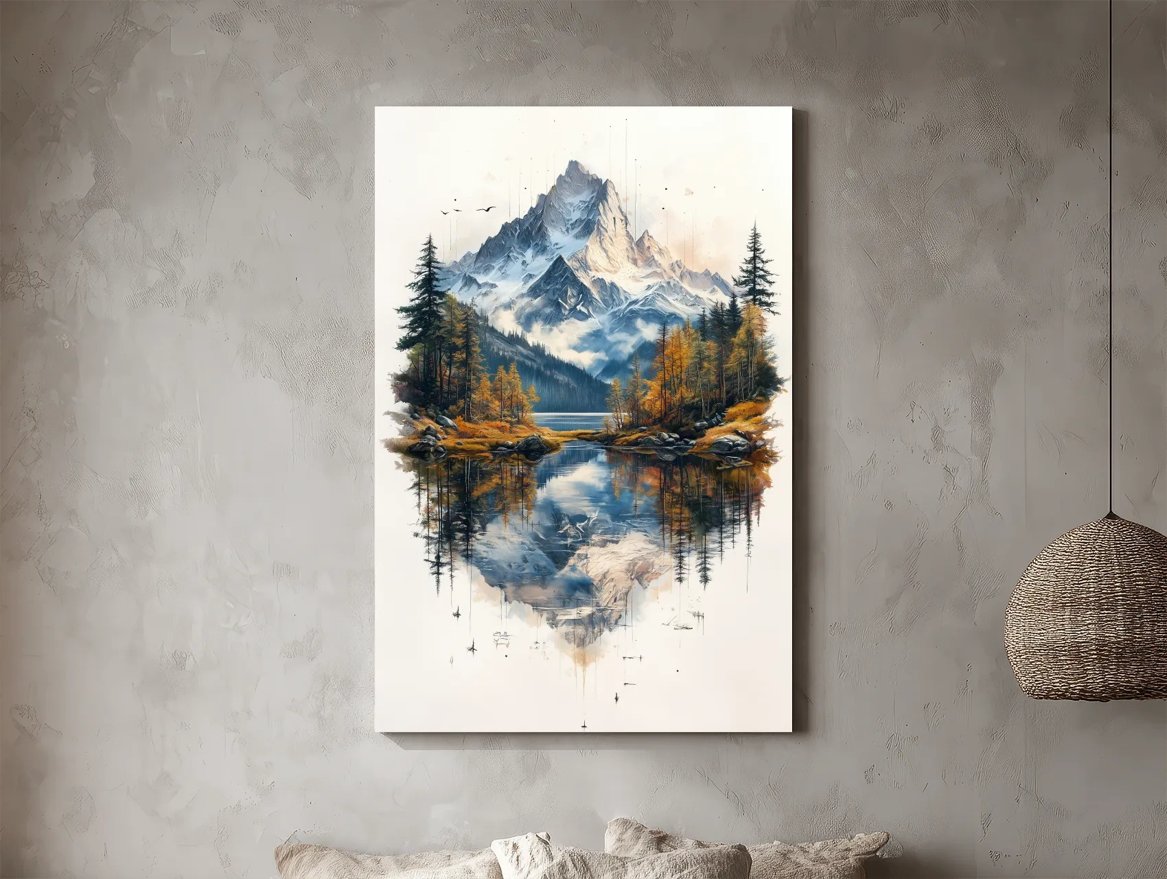 Misty Alpine Mountain Lake Painting - Autumn Pine Forest Tattoo Style Wall Art