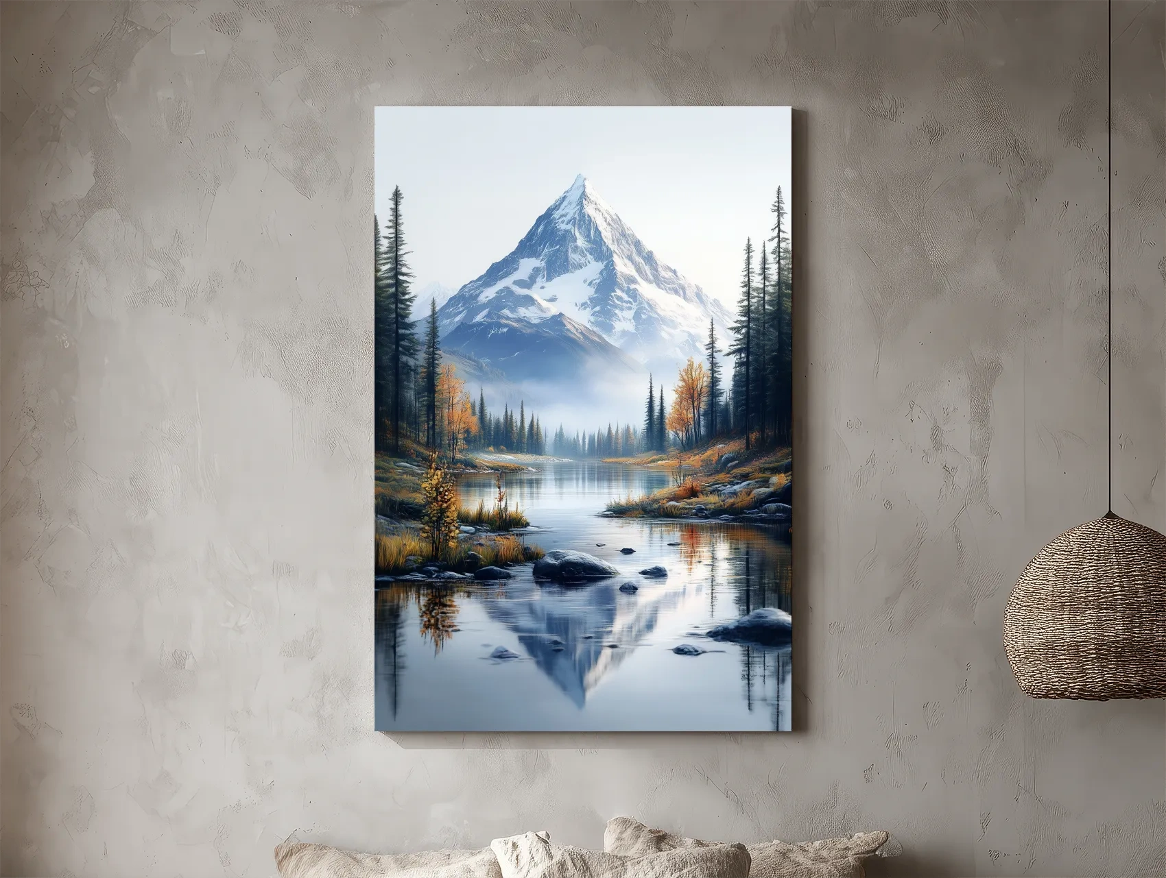 Majestic Snowcapped Mountain Lake Artwork - Serene Alpine Meadows Wall Art