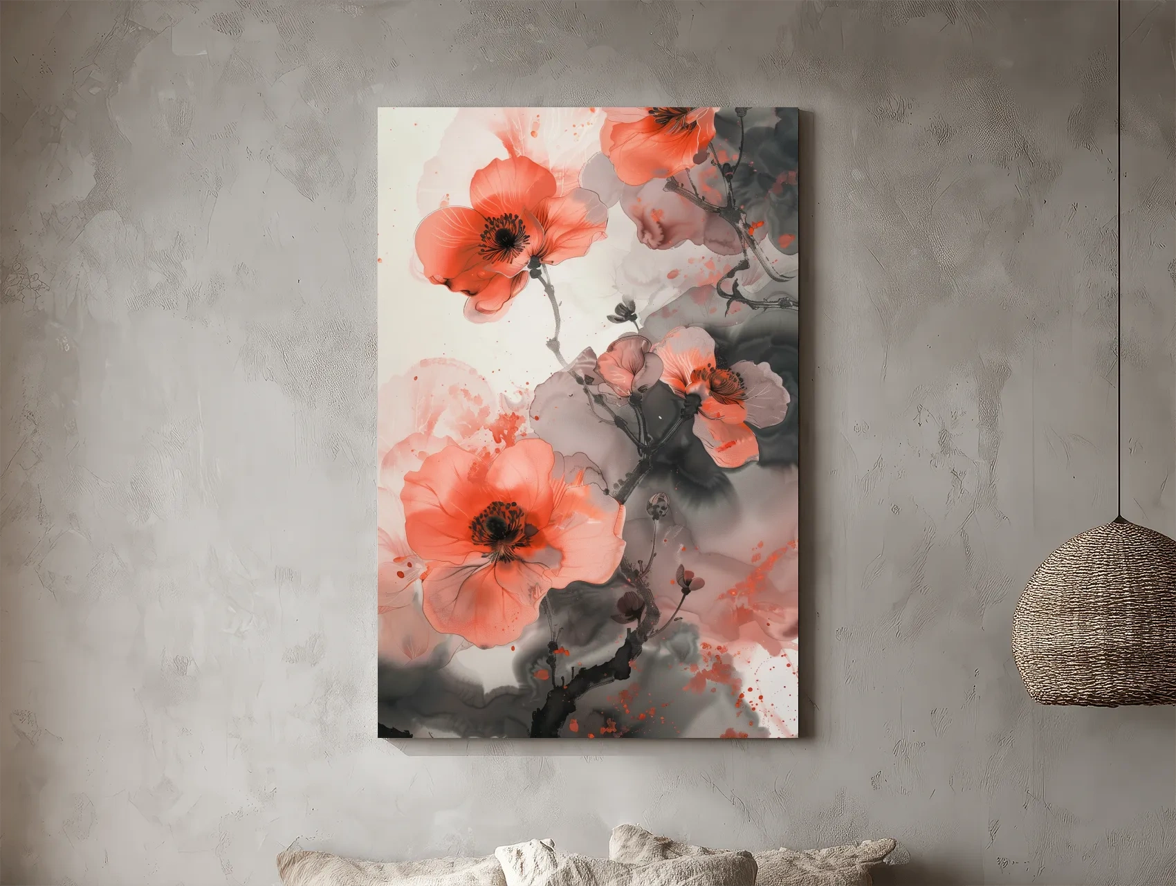 Poppy Blossom Ink Wash Painting - Floral Botanical Watercolor Artwork