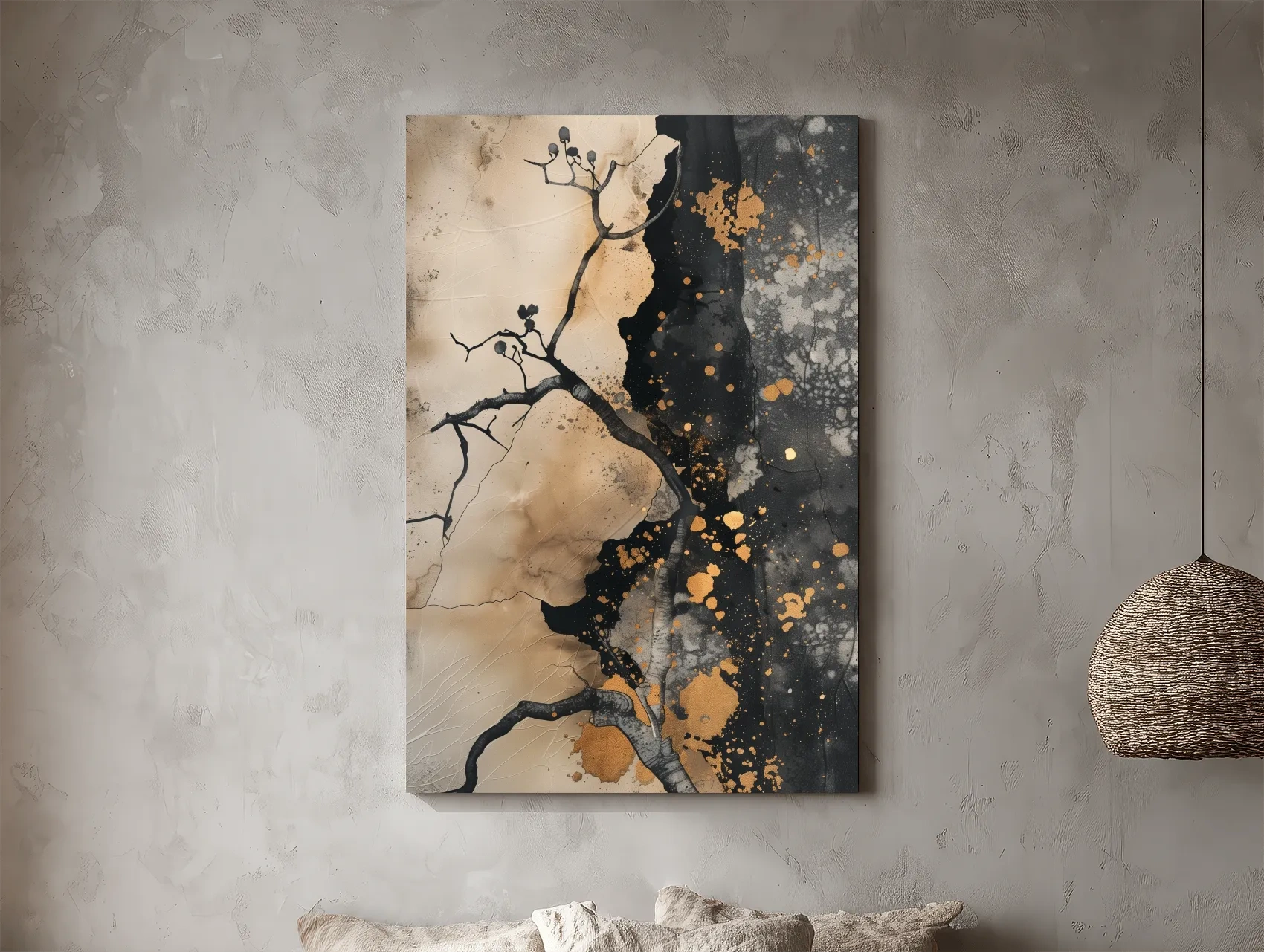 Ink Branch Silhouette With Gold Splatter - Modern Japandi Abstract Wall Art