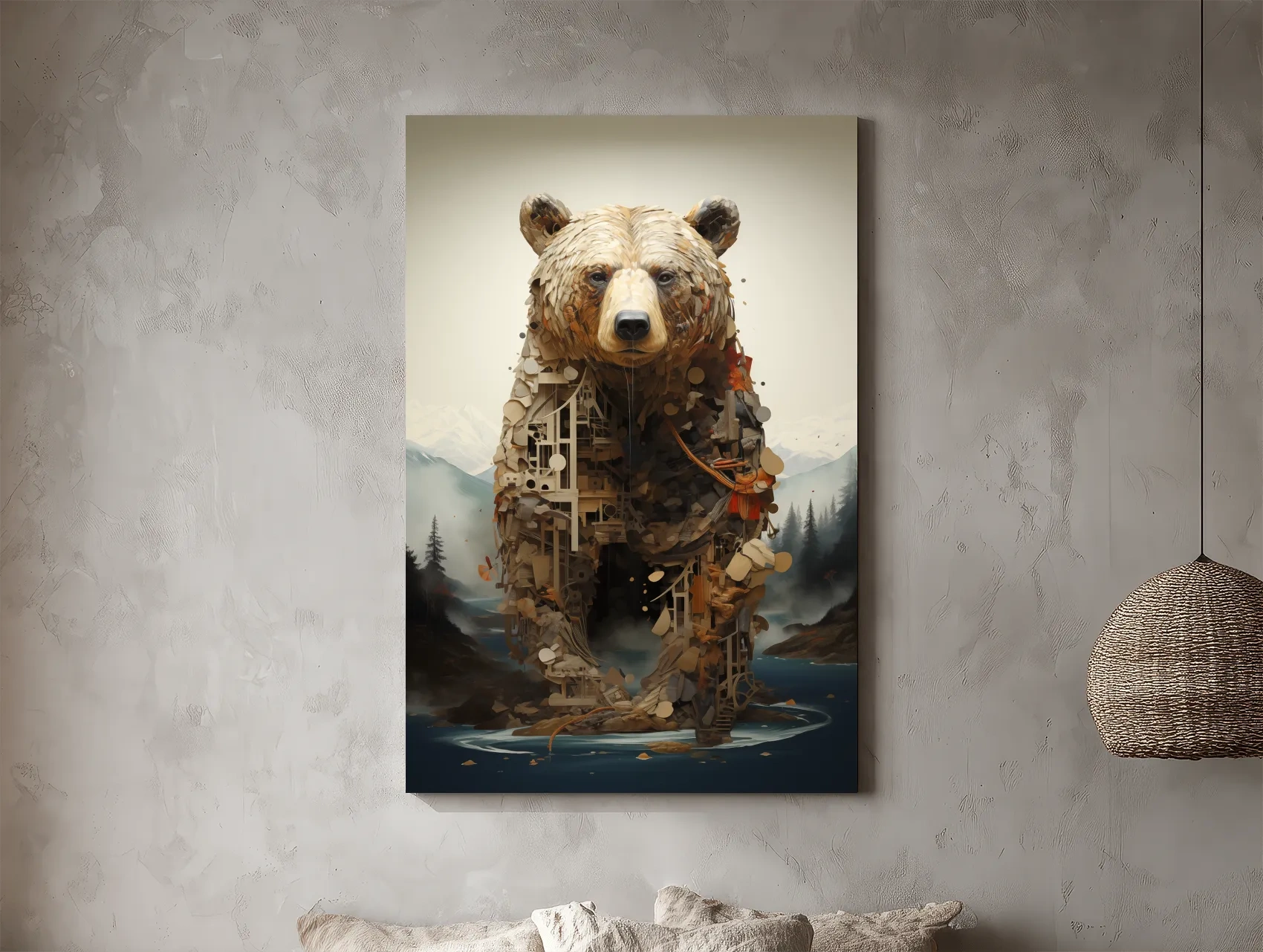 Surreal Grizzly Bear Collage Illustration - MC Escher Style Wildlife Wall Art