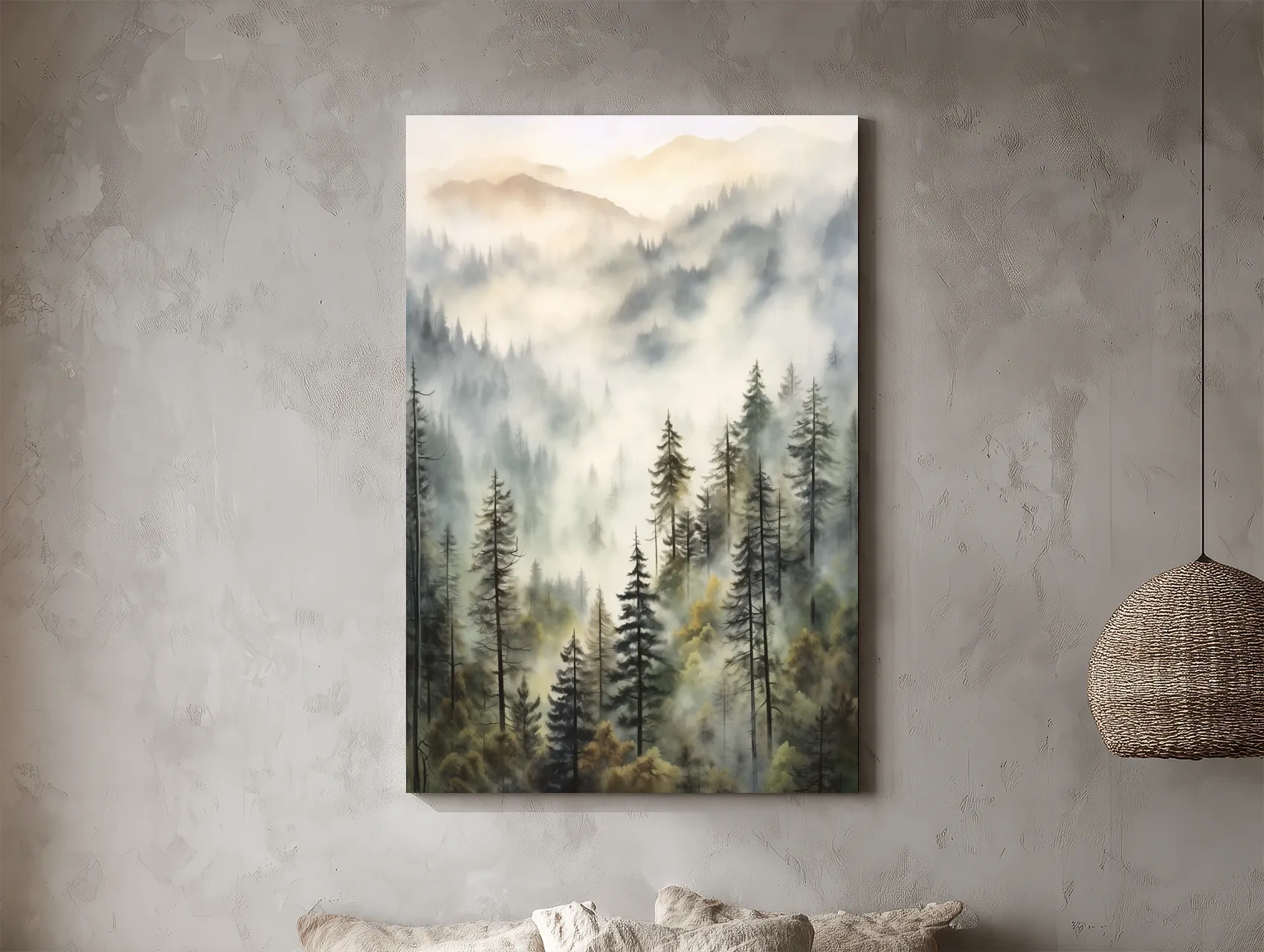 Misty Pine Forest Mountains Watercolor - Serene Foggy Landscape Wall Art