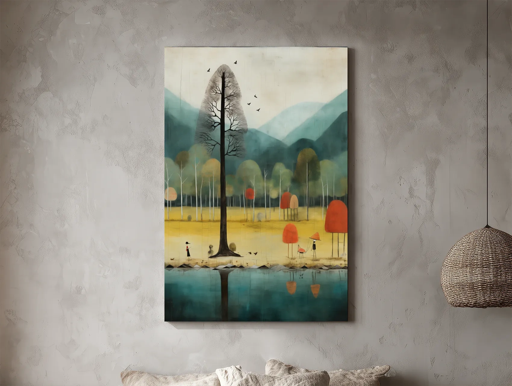 Whimsical Autumn Forest Lake Landscape - Quirky Nature Wall Art
