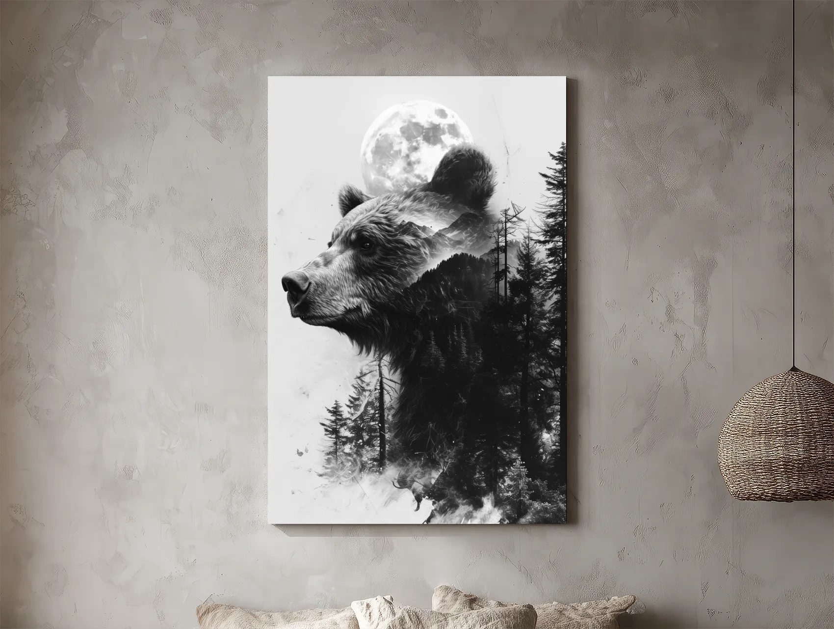 Grizzly Bear Double Exposure Drawing - Moonlit Pine Forest Wildlife Wall Art