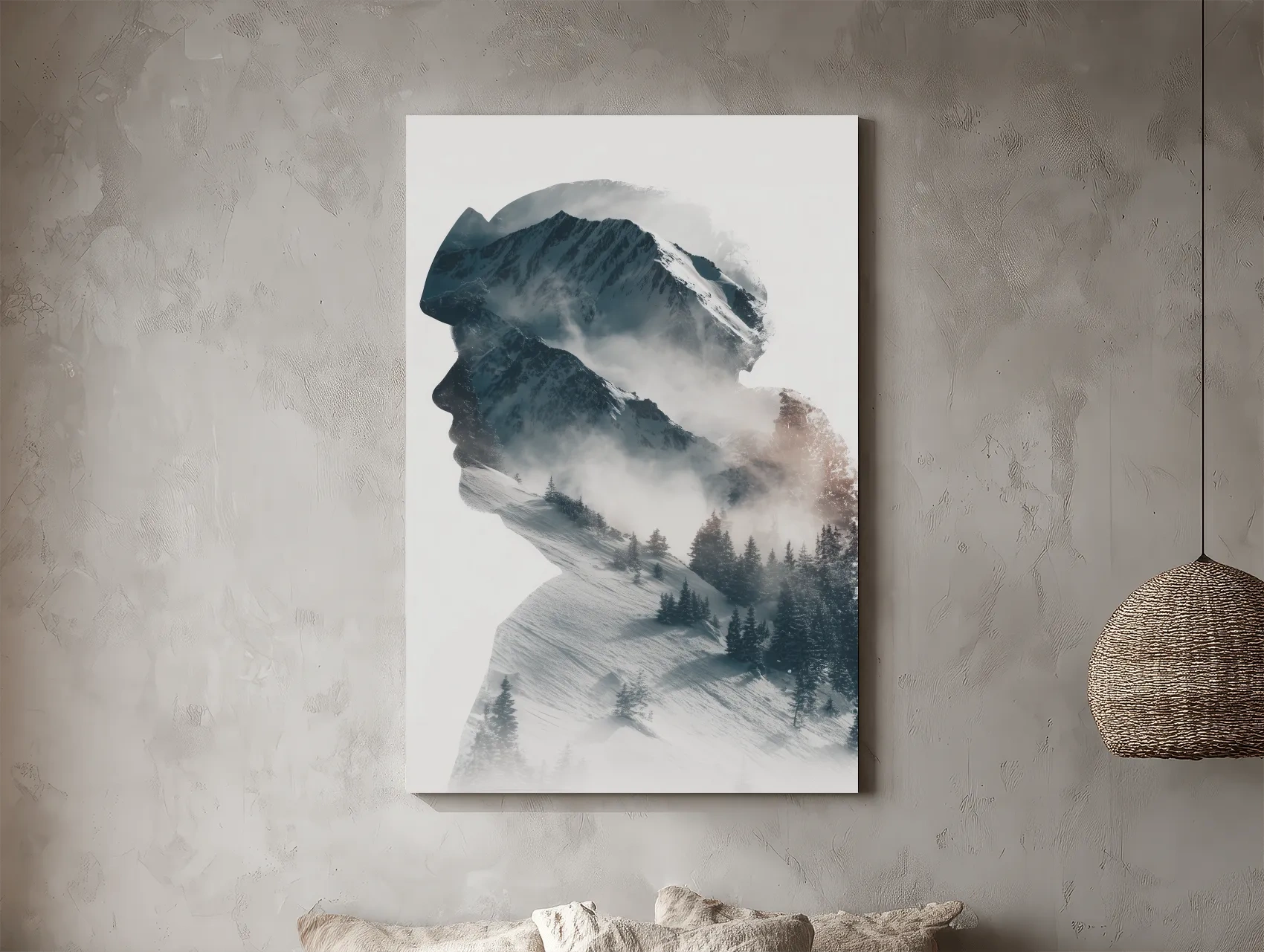 Surreal Double Exposure Skier & Mountain Portrait - Moody Misty Alpine Forest Wall Art