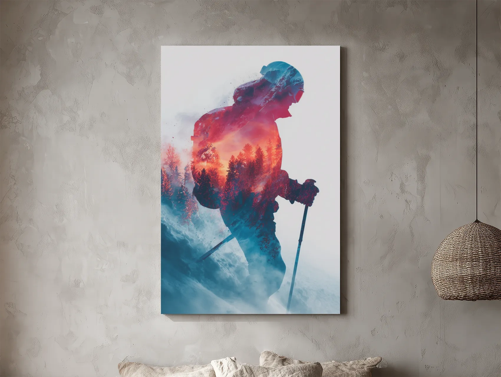 Double Exposure Skiier Silhouette Forest Sunset - Adventure Mountain Landscape Artwork