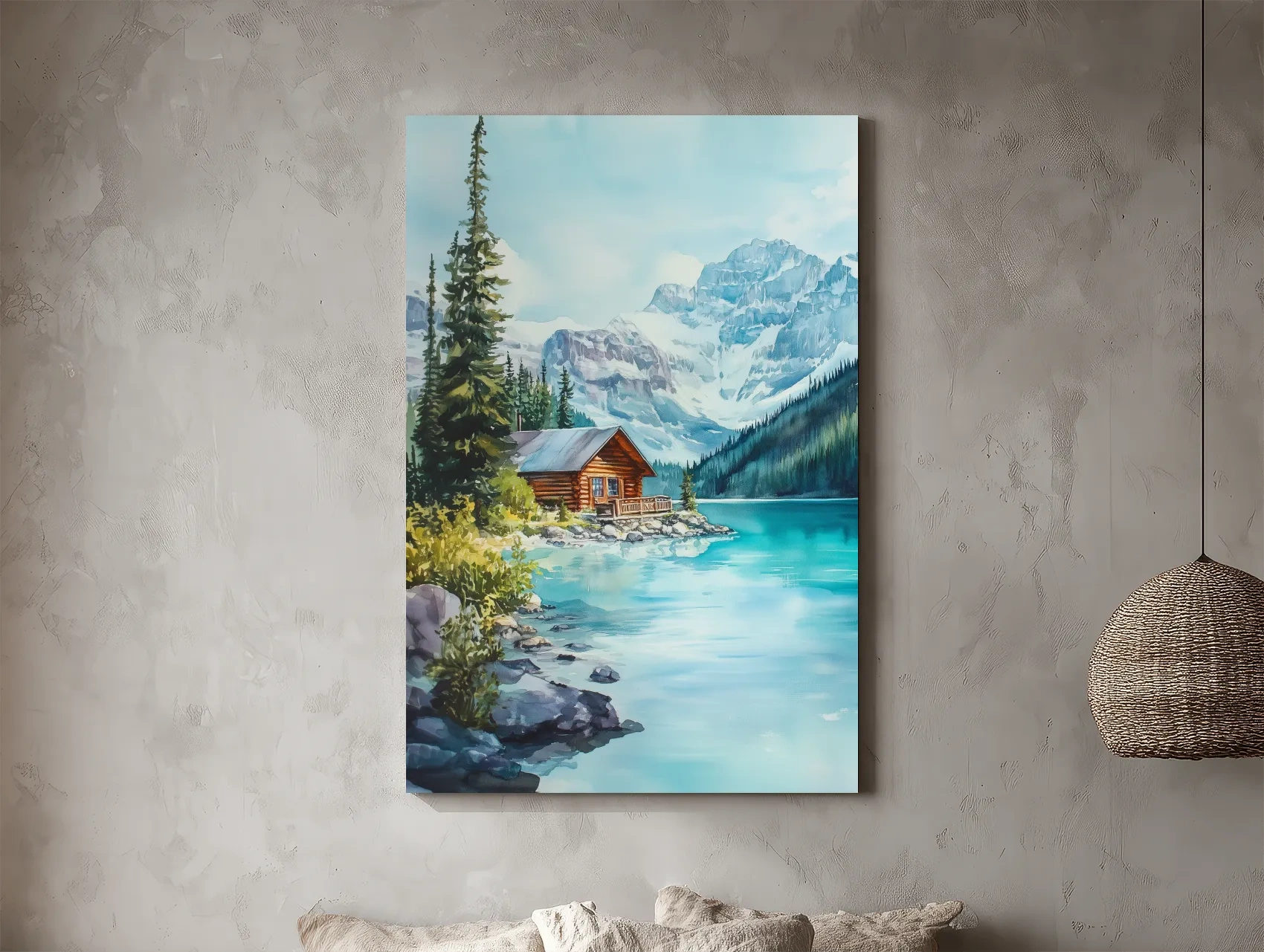 Turquoise Alpine Lake Cabin Watercolor - Serene Snowy Mountain Wall Art