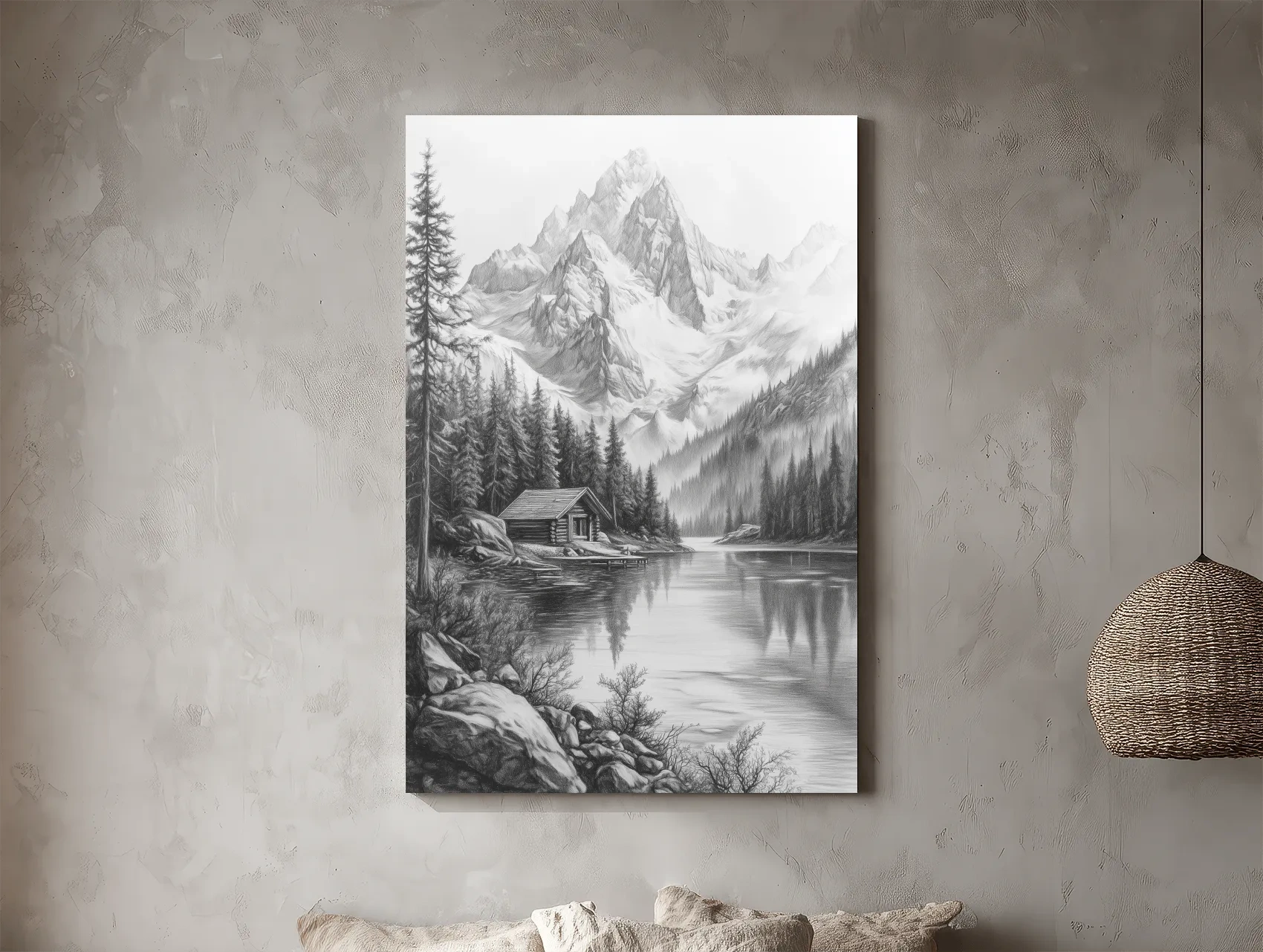 Monochrome Alpine Lake Cabin Sketch Art - Mountain Drawing Wall Art
